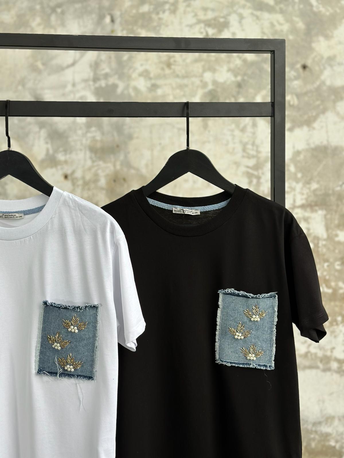 Denim Kot Ve Kristal Taş İşçilikli Cep Detaylı Tişört (Beyaz)