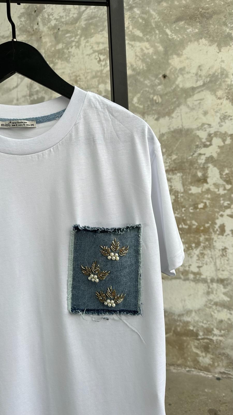Denim Kot Ve Kristal Taş İşçilikli Cep Detaylı Tişört (Beyaz)