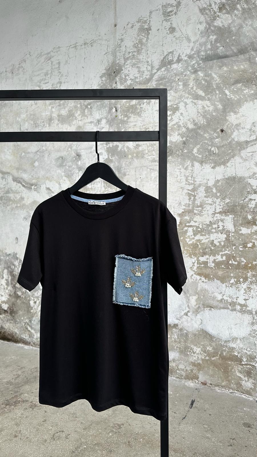 Denim Kot Ve Kristal Taş İşçilikli Cep Detaylı Tişört (Siyah)