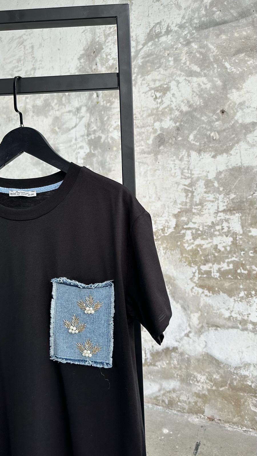 Denim Kot Ve Kristal Taş İşçilikli Cep Detaylı Tişört (Siyah)