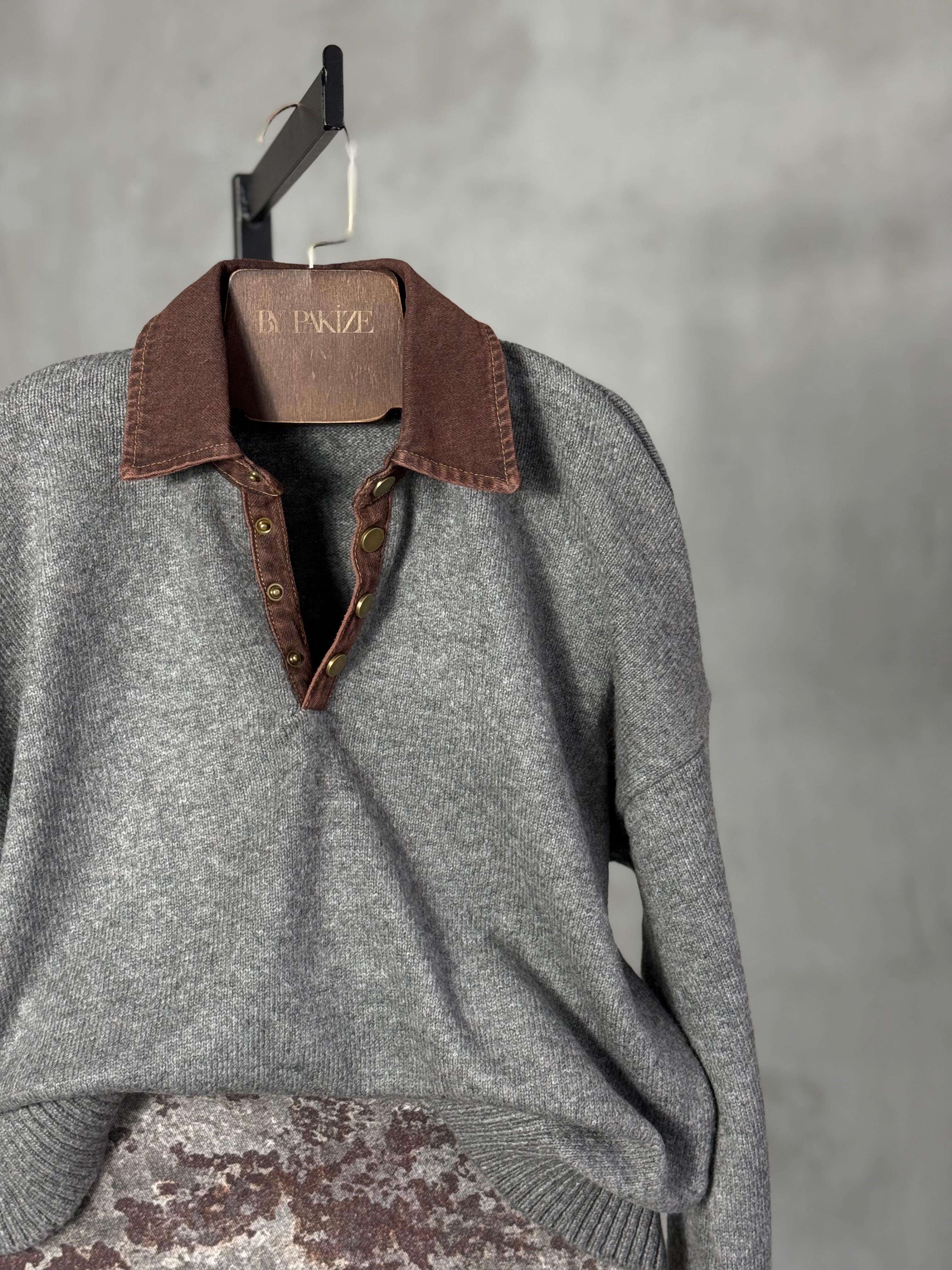 Denim Yakalı Yumoş Kazak (Antrasit)