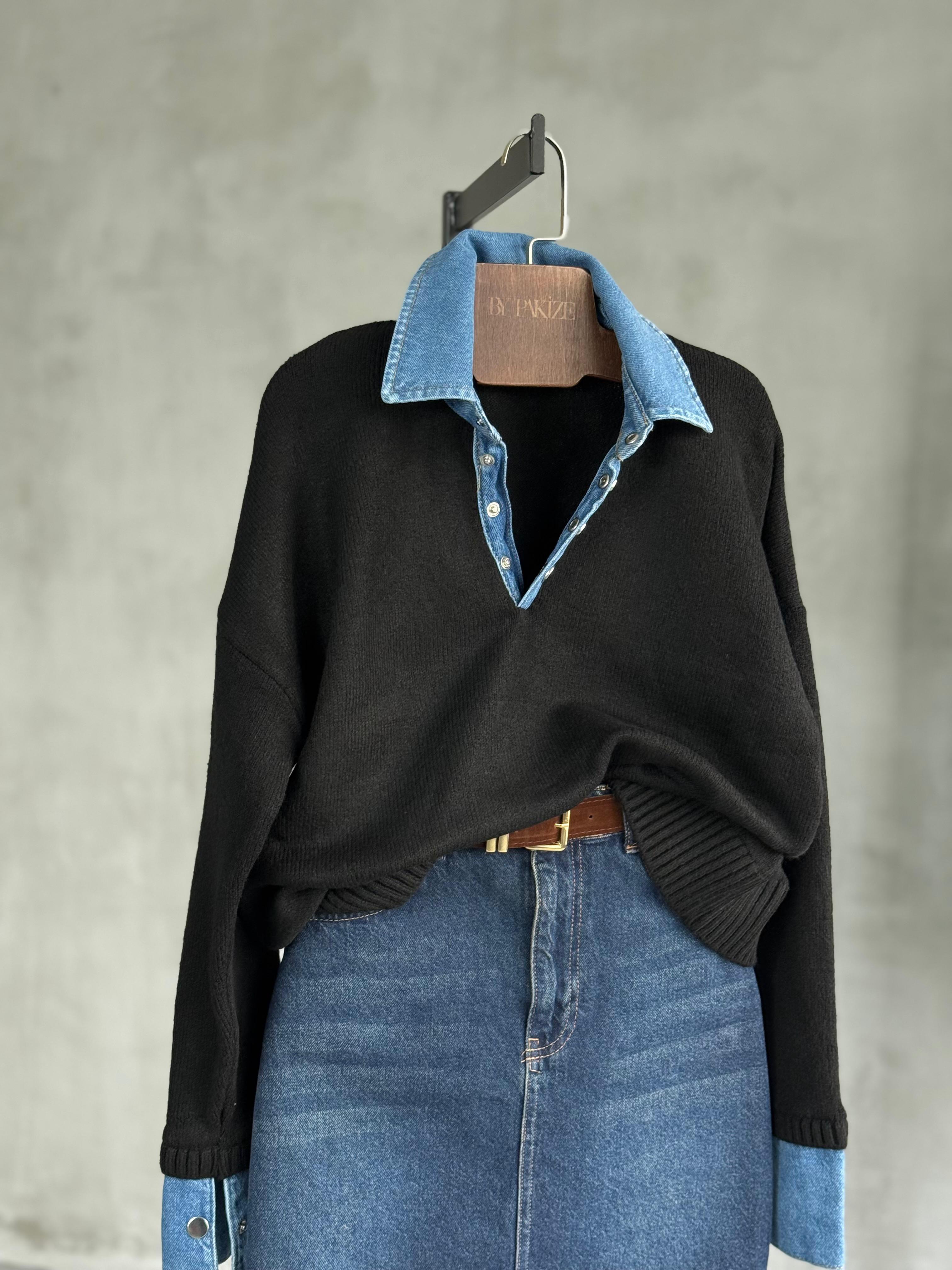 Denim Yakalı Yumoş Kazak (Mavi)