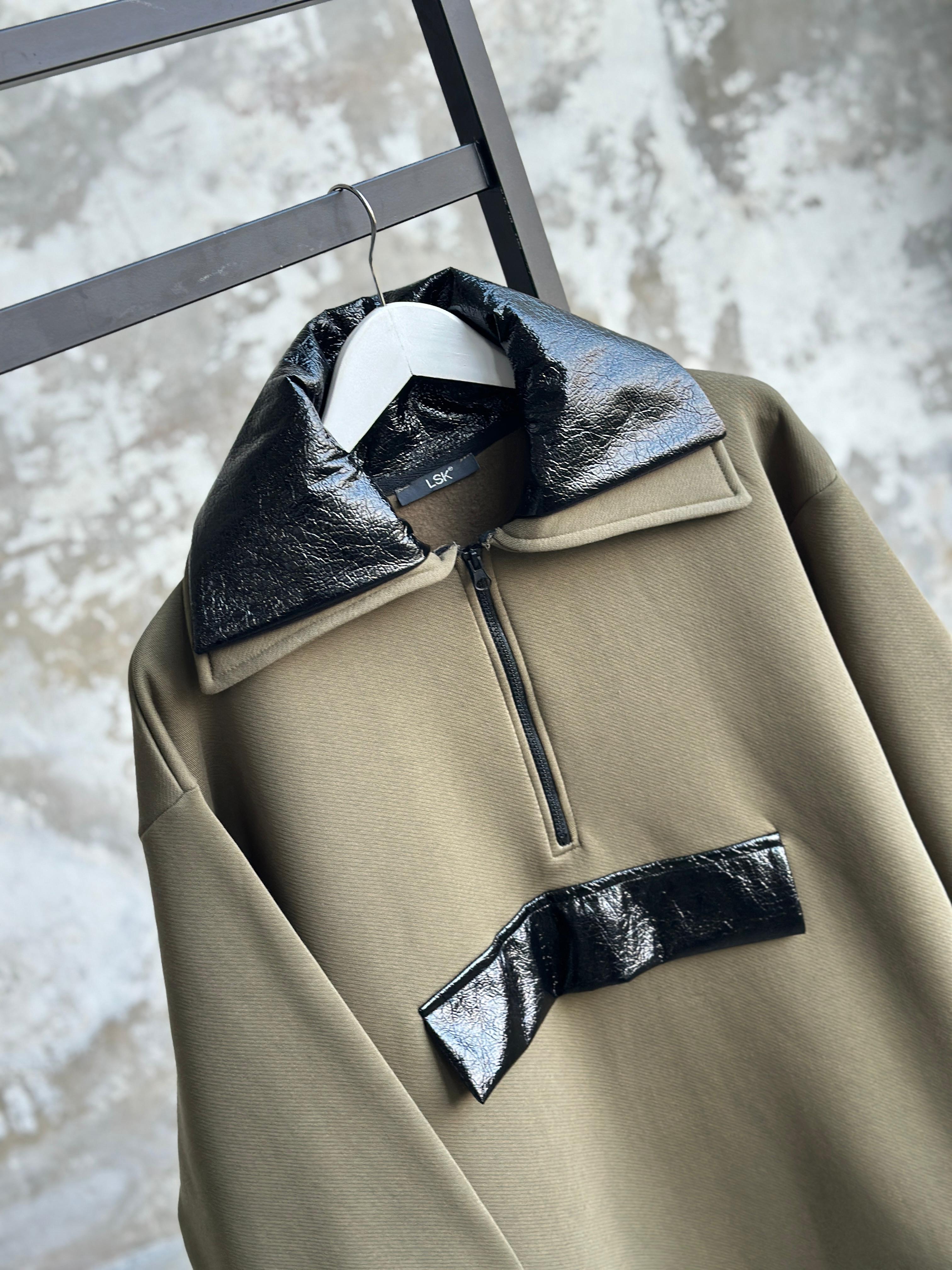 Deri Detaylı Yarım Fermuarlı Tunik Sweat (Haki)