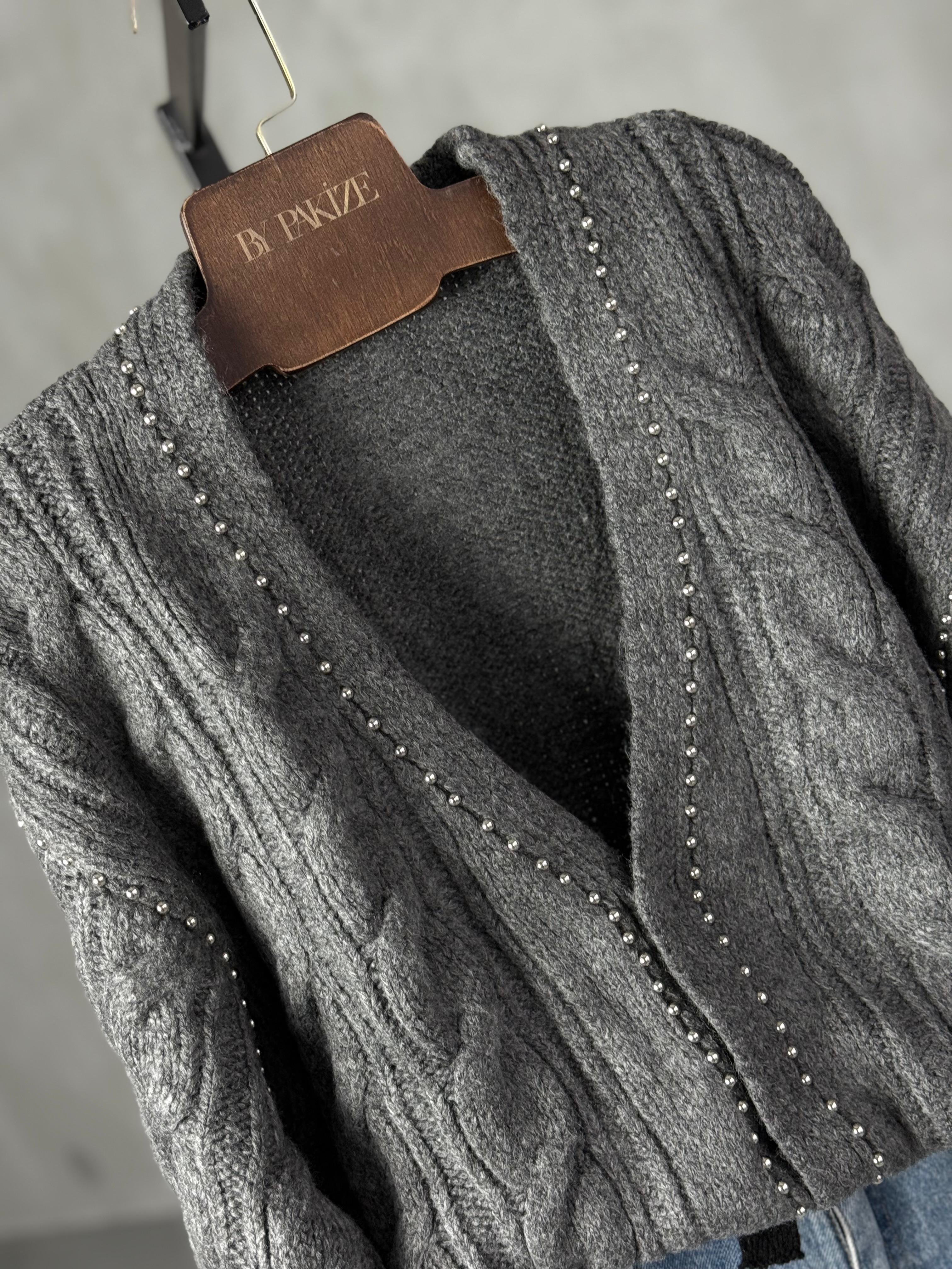 Deri Kol Detaylı Zımbalı Hırka (Antrasit)