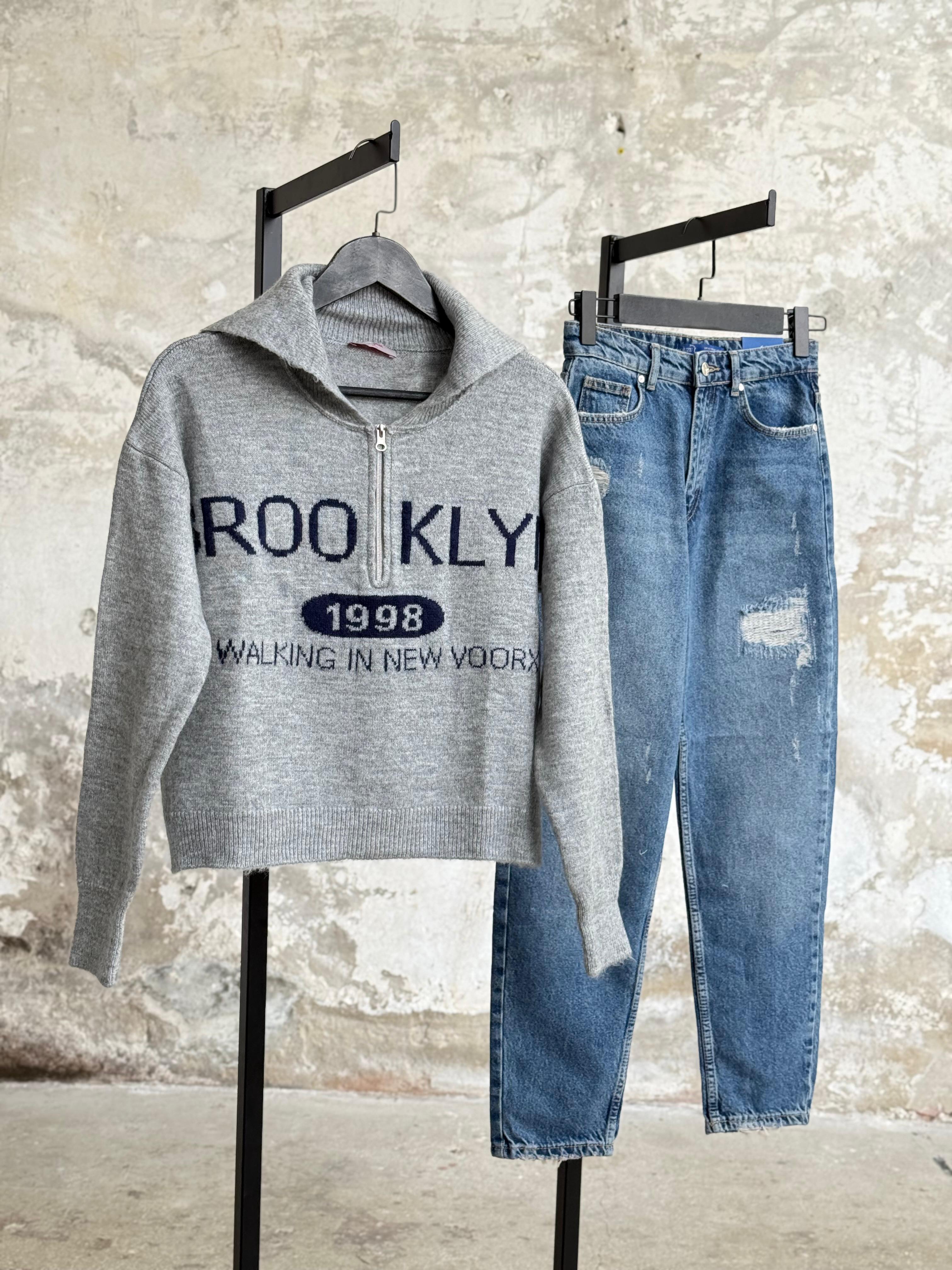 Dik Yaka Fermuarlı Kazak (Gri)