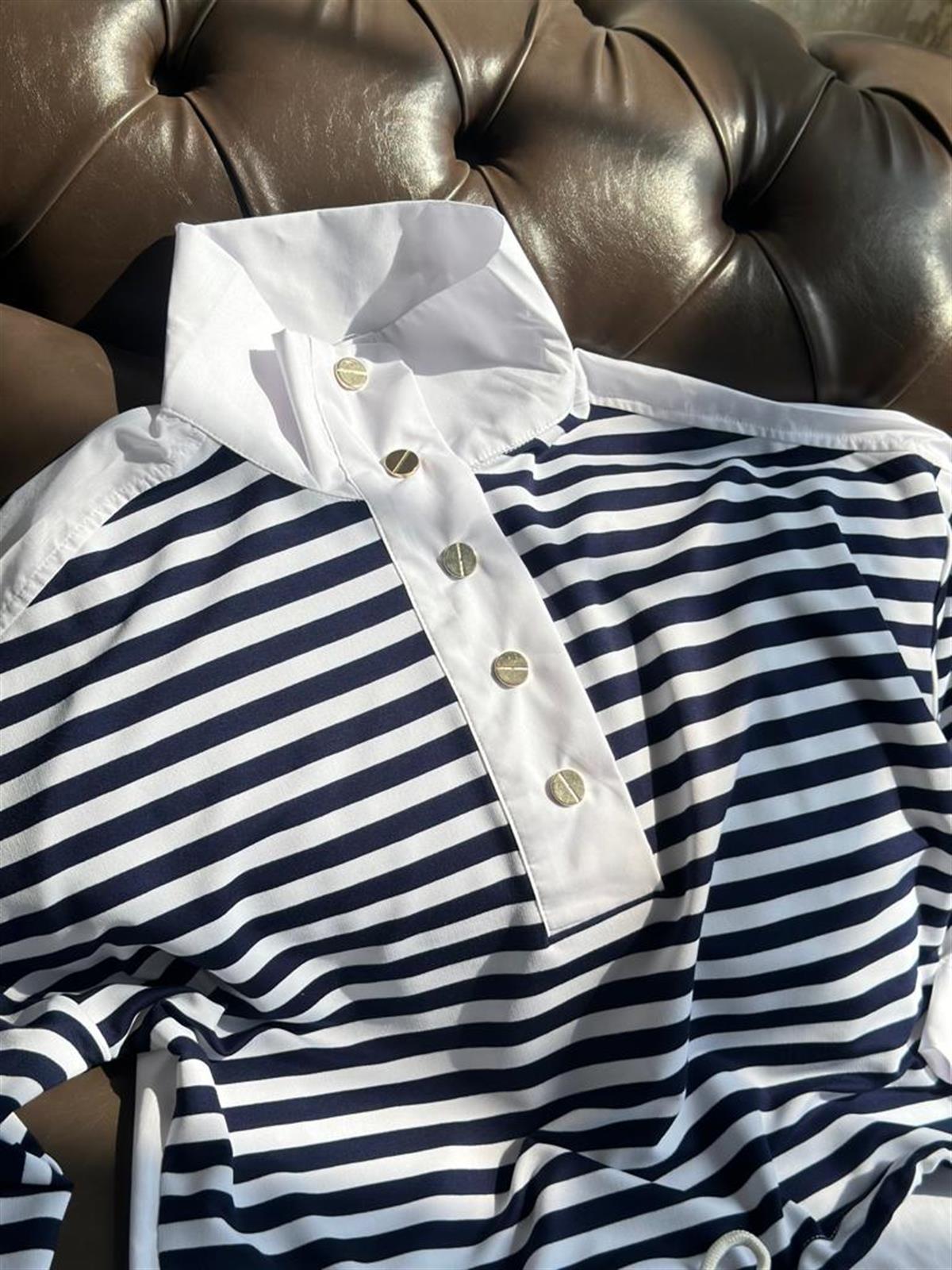 Dik Yaka Yarım Düğmeli Poplin Gömlek Detaylı Sweat (Beyaz)
