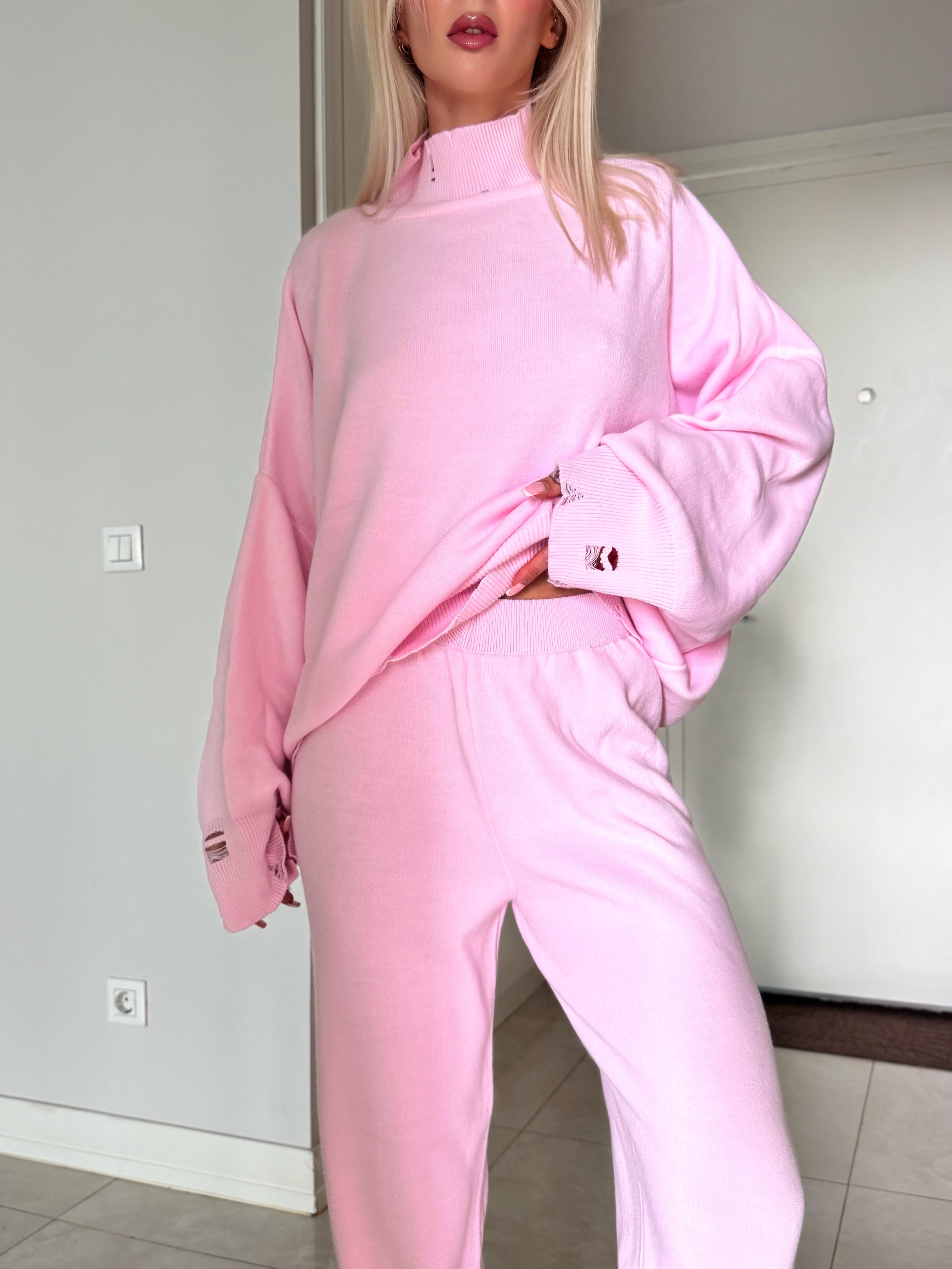 Dik Yaka Yırtık Detaylı Oversize Triko Takım (Şeker Pembesi)