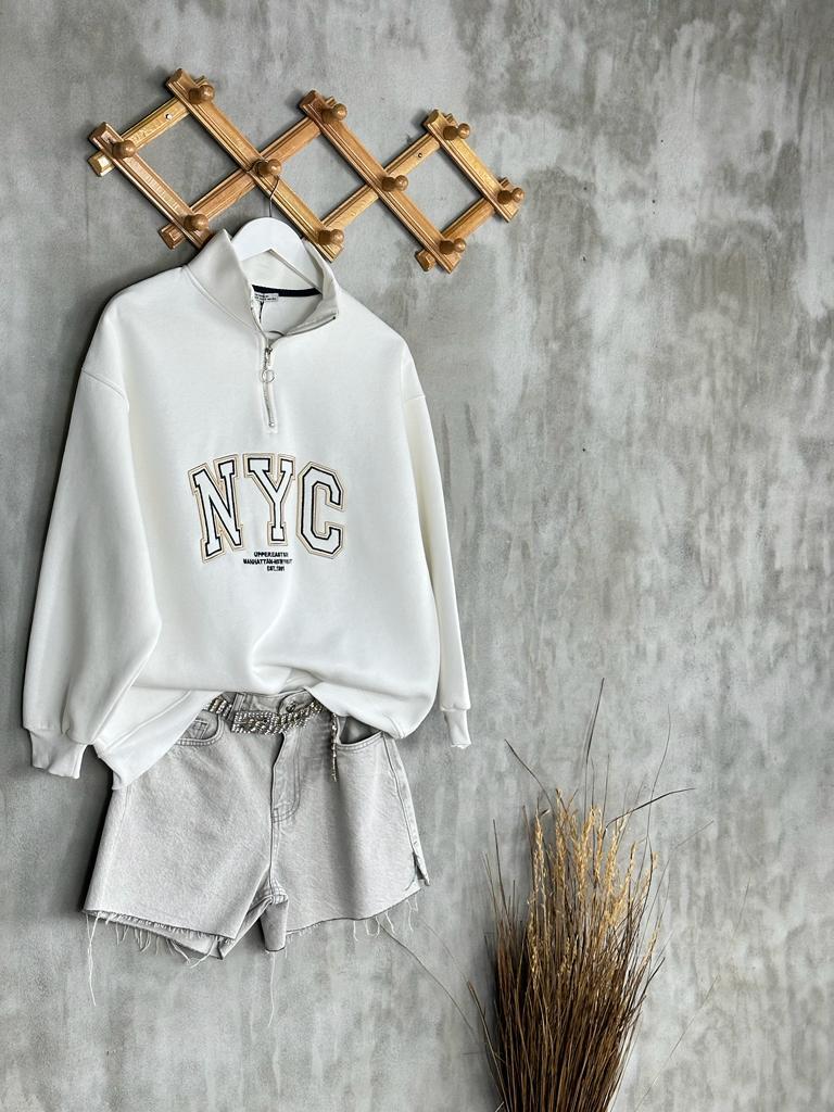 Dikiş Baskılı Oversize Kadın Sweat (Ekru)