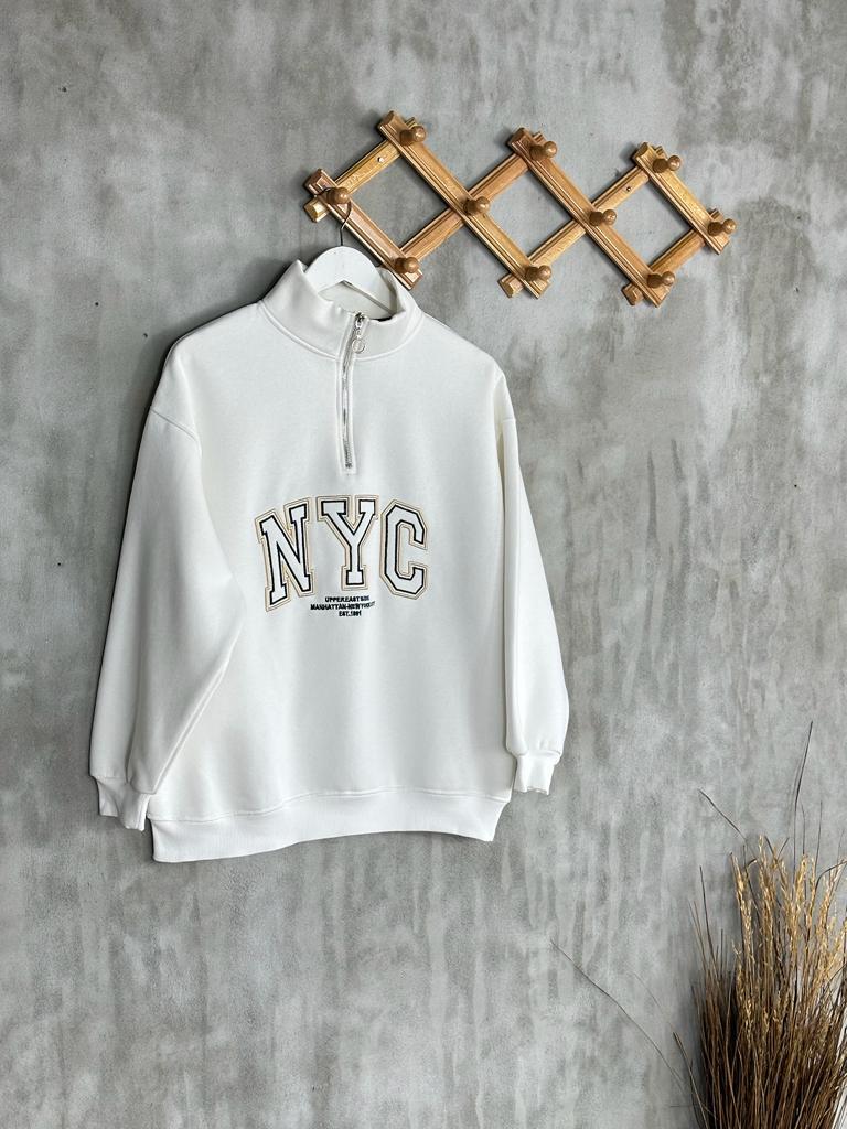 Dikiş Baskılı Oversize Kadın Sweat (Ekru)