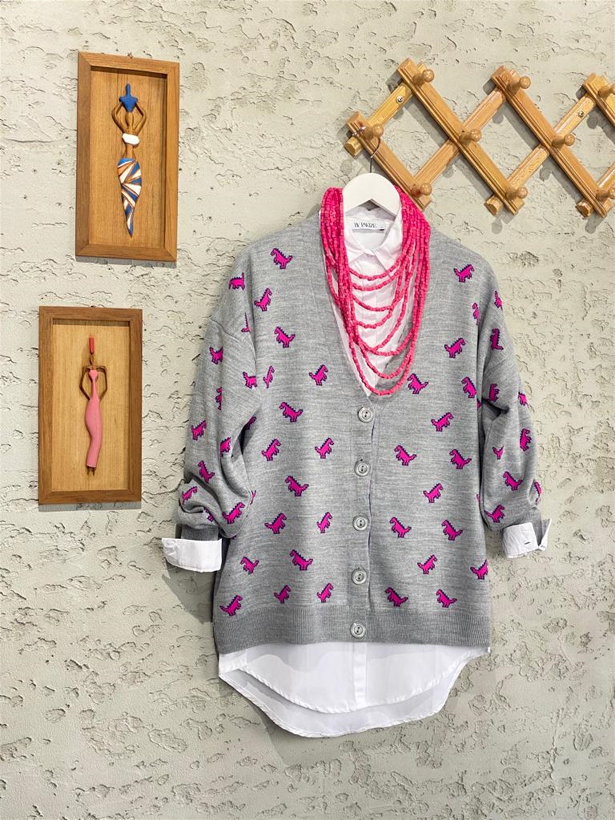 Dinazor Desenli Oversize Hırka (Gri)