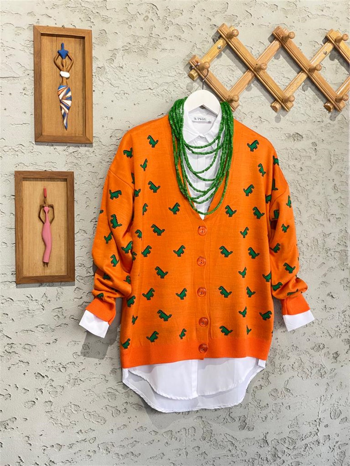 Dinazor Desenli Oversize Hırka (Oranj)