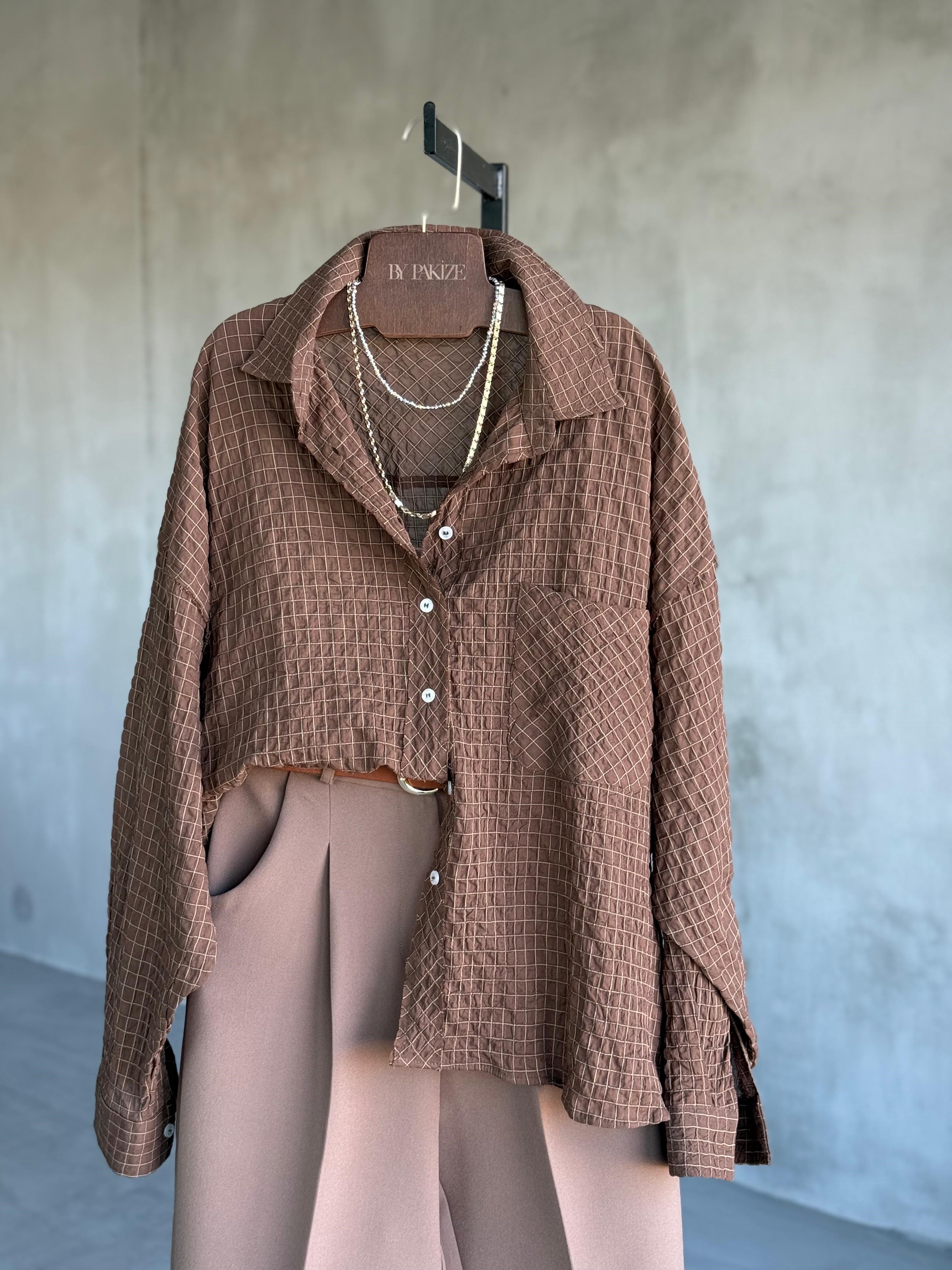 Dış Dikişli Oversize Kareli Gömlek (Kahve)