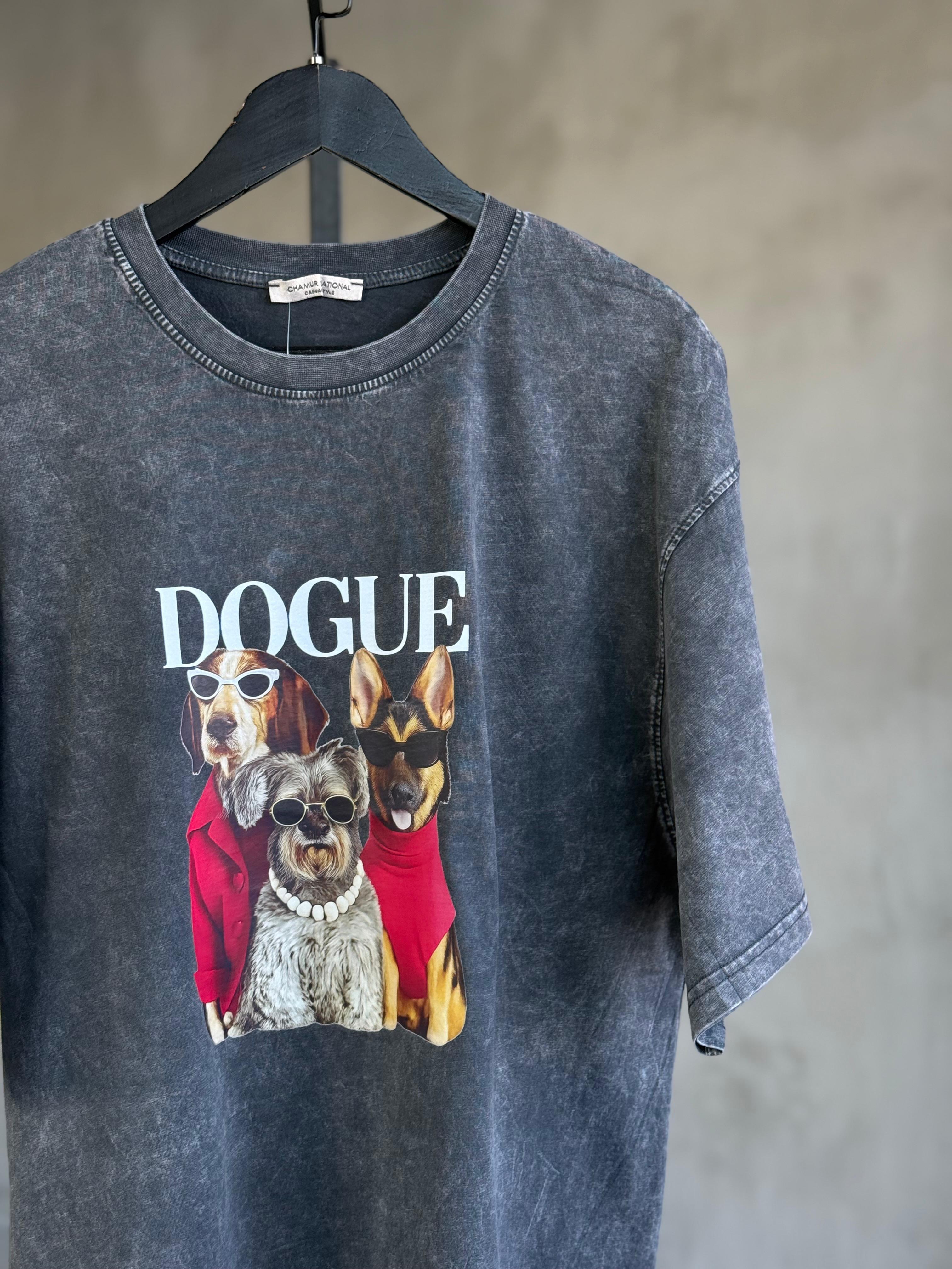 Dogue Yazı Baskılı Taş Yıkama Oversize Tişört (Antrasit) 