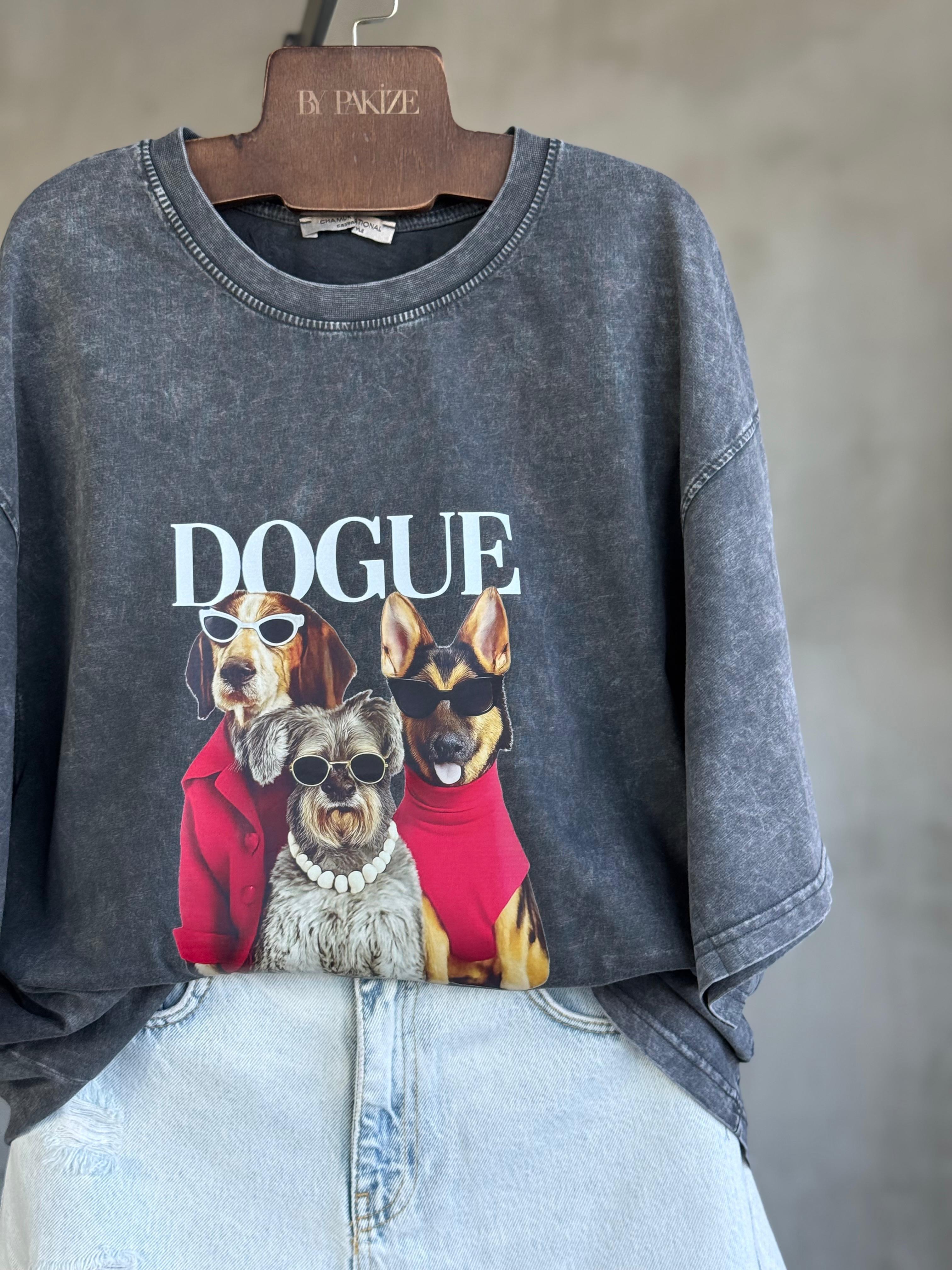 Dogue Yazı Baskılı Taş Yıkama Oversize Tişört (Antrasit) 