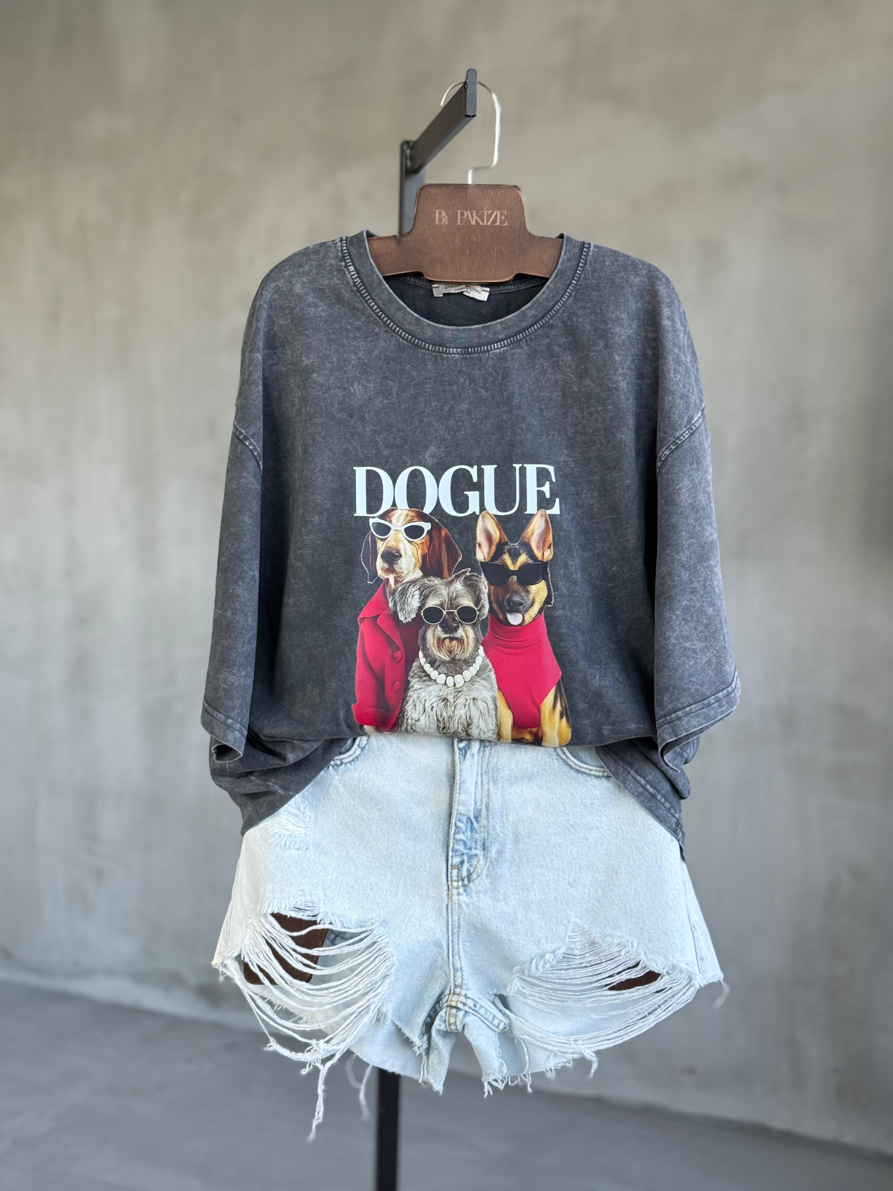 Dogue Yazı Baskılı Taş Yıkama Oversize Tişört (Antrasit) 