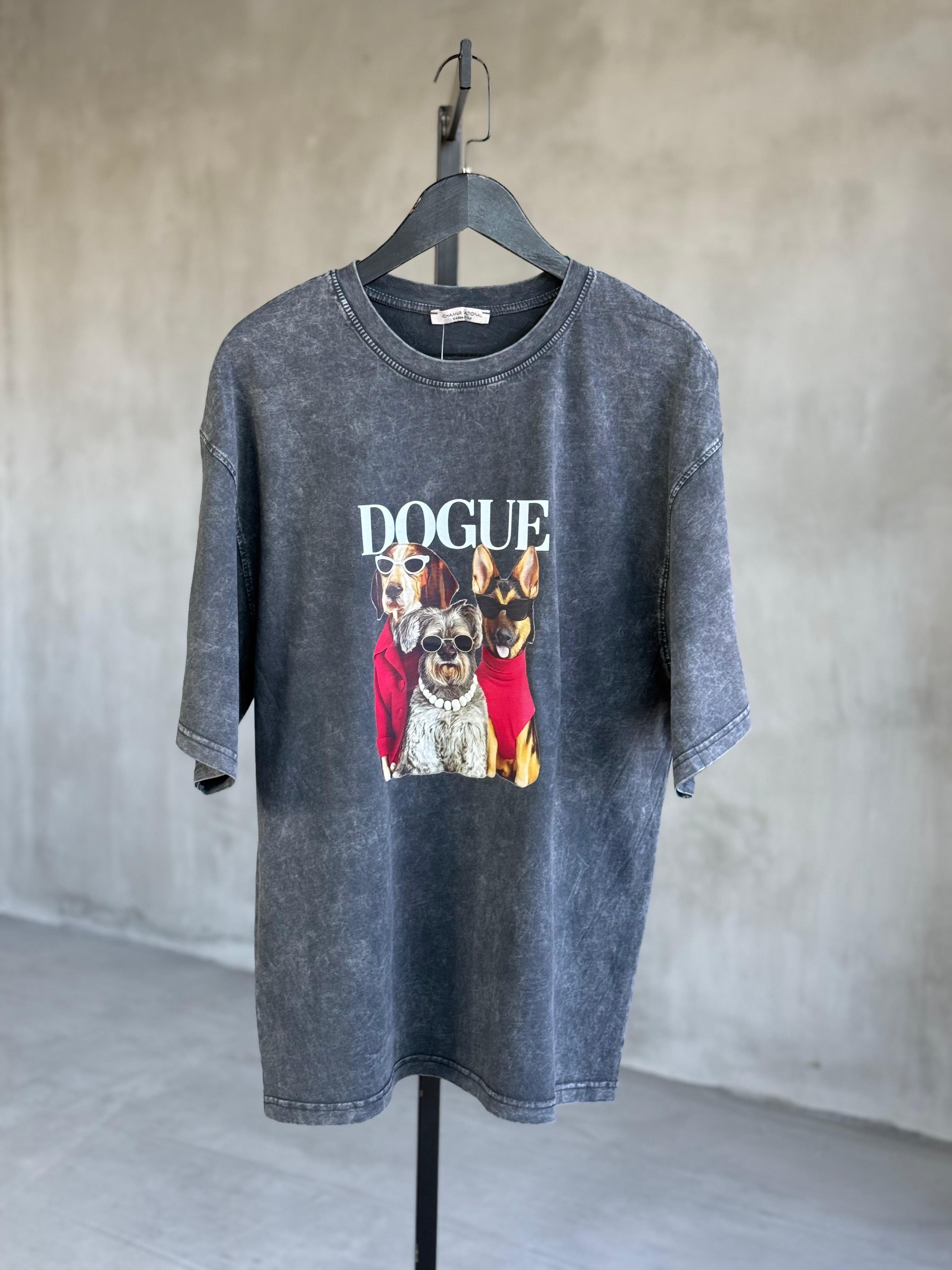 Dogue Yazı Baskılı Taş Yıkama Oversize Tişört (Antrasit) 