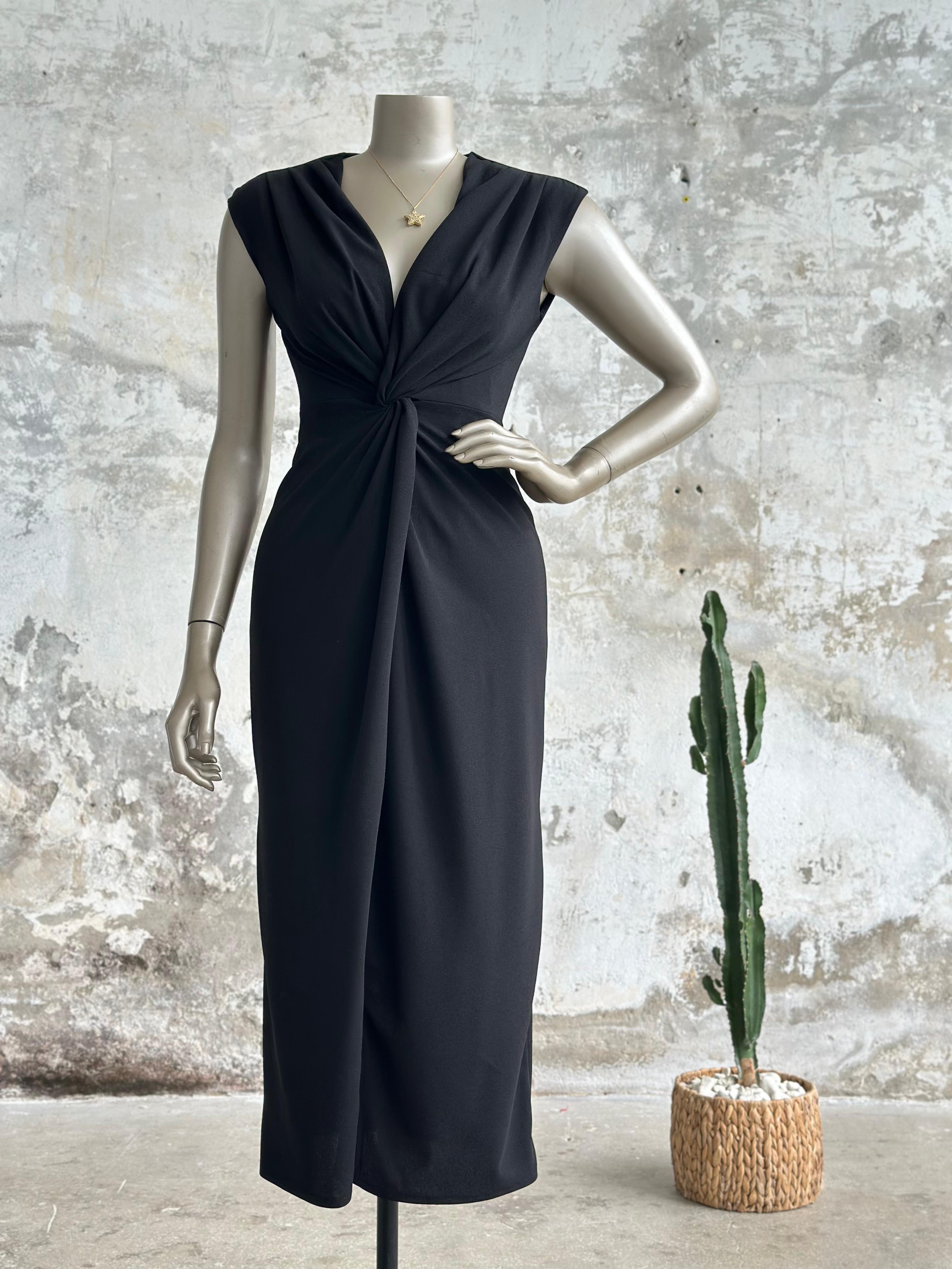 Düğüm Detaylı Kruvaze Yaka Elbise (Siyah)