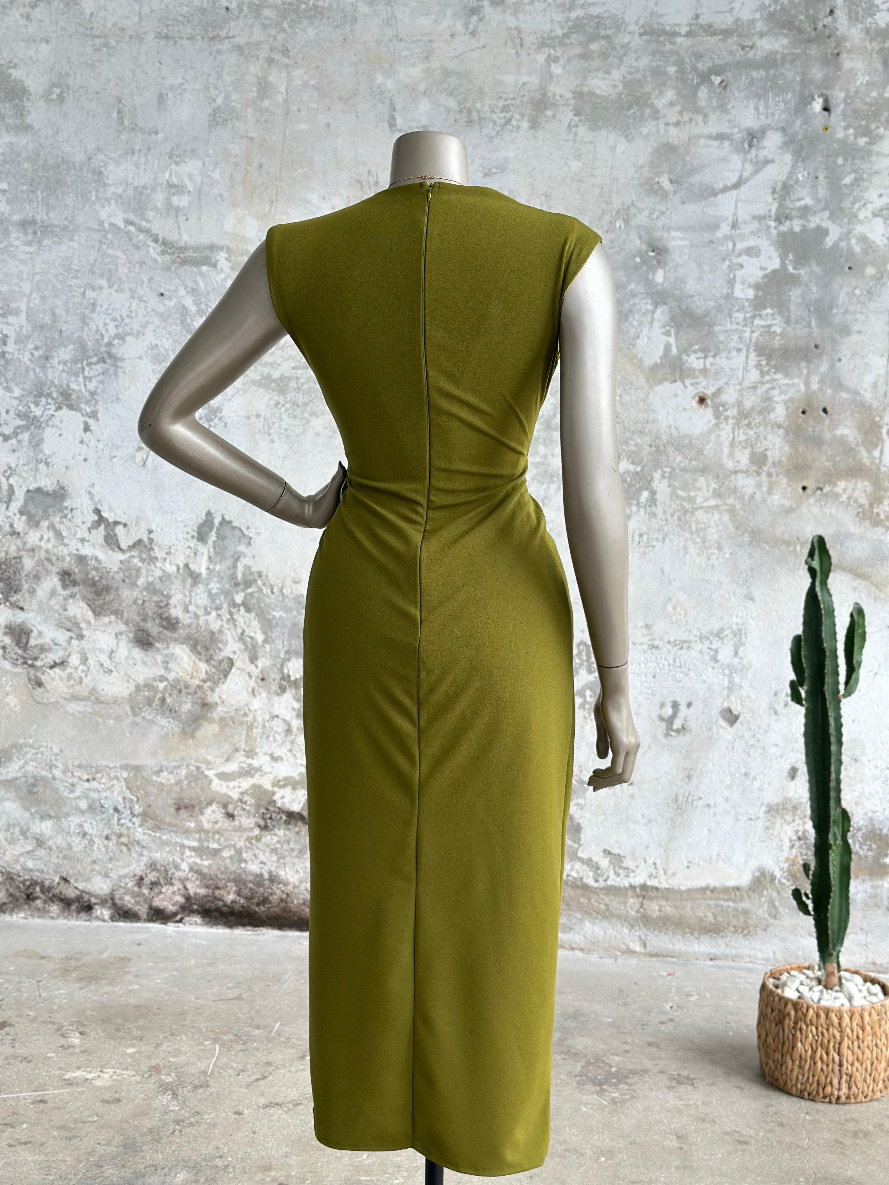 Düğüm Detaylı Kruvaze Yaka Elbise (Yağ Yeşili)