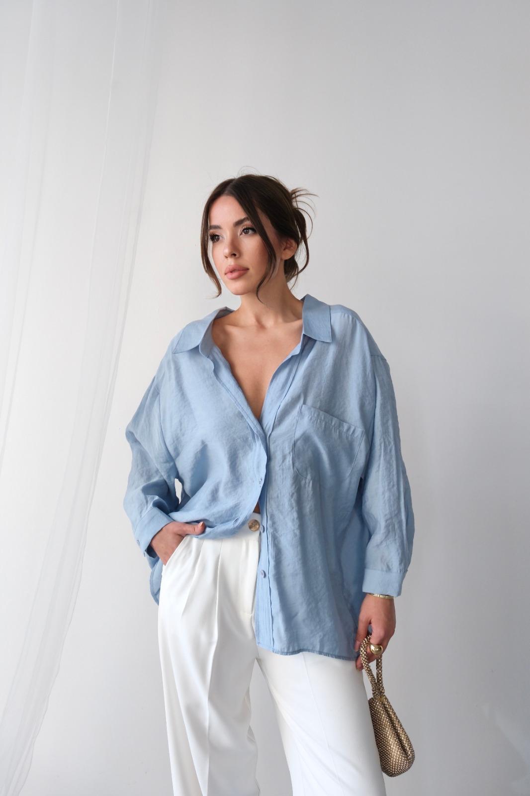 Düşük Omuzlu Oversize Gömlek (Bebe Mavisi)