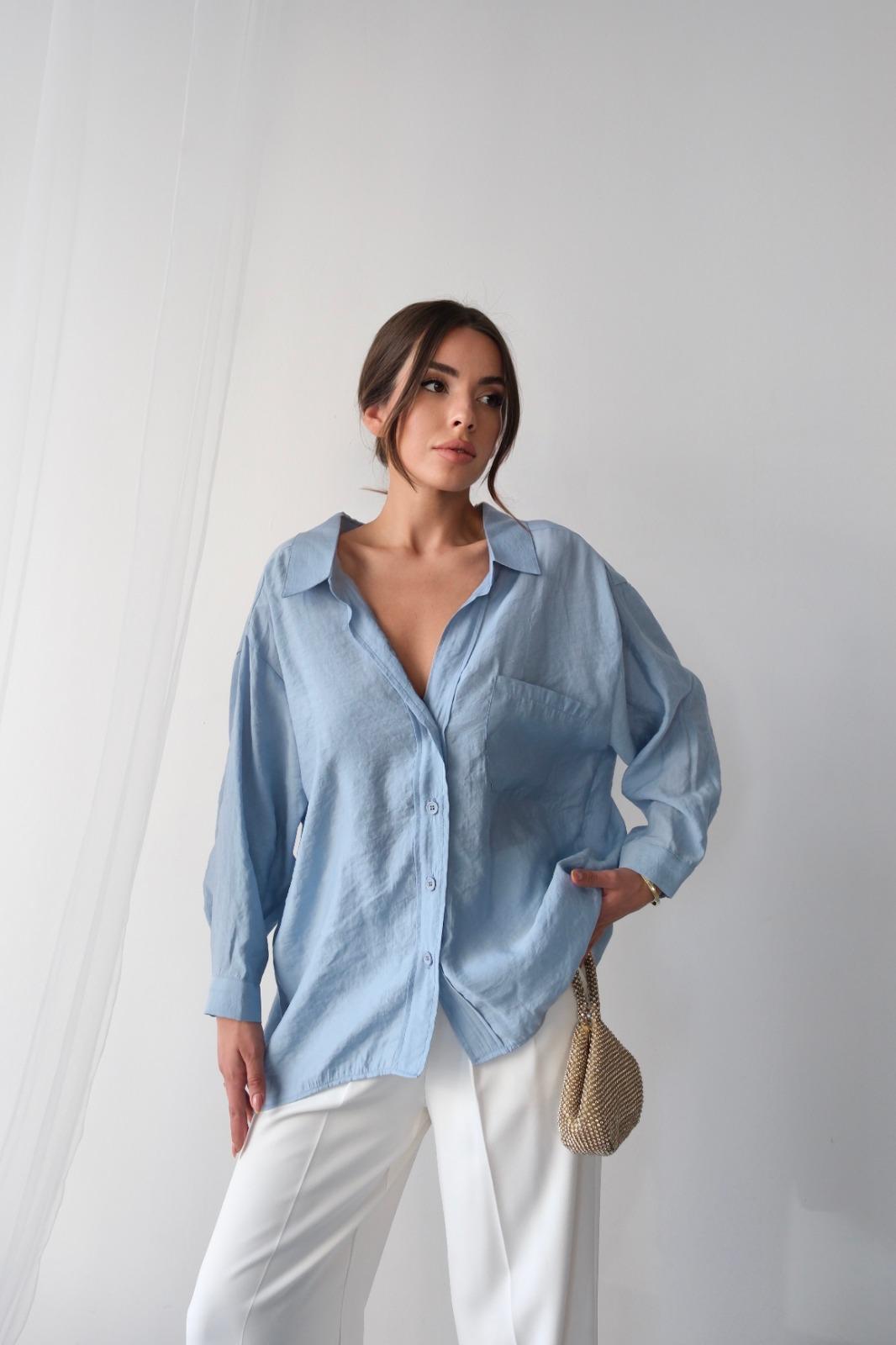 Düşük Omuzlu Oversize Gömlek (Bebe Mavisi)