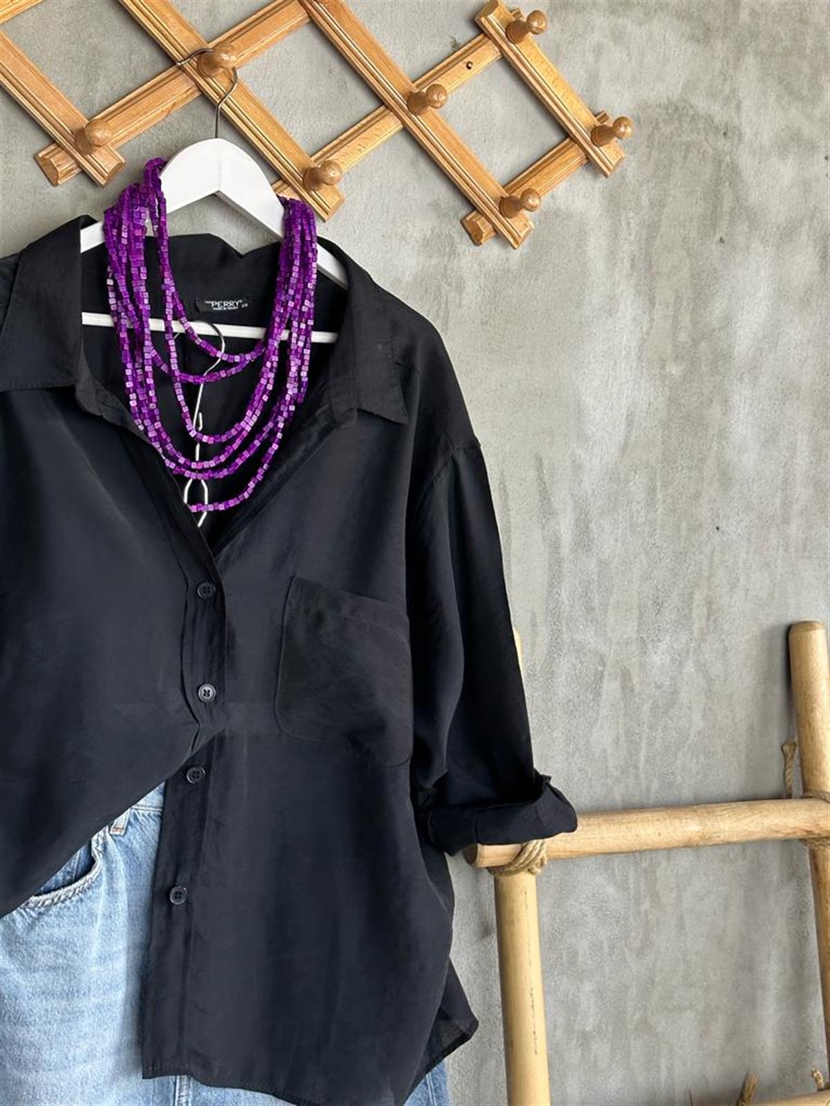 Düşük Omuzlu Oversize Gömlek (Siyah)