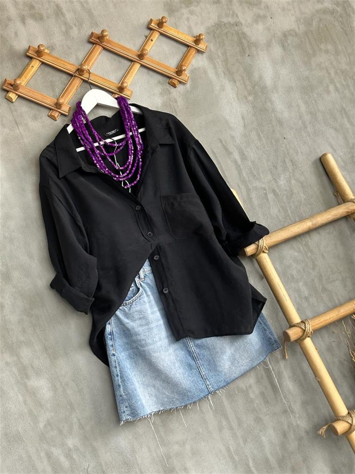 Düşük Omuzlu Oversize Gömlek (Siyah)