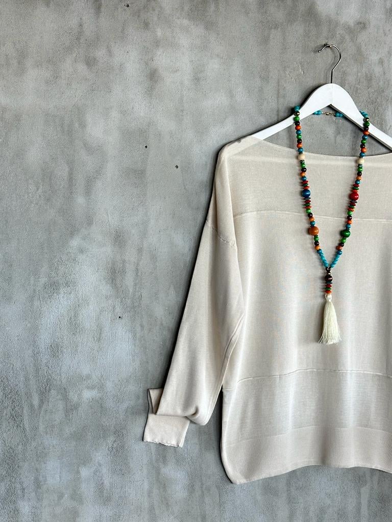 Düz Yaka Triko Kazak (Kemik Rengi)