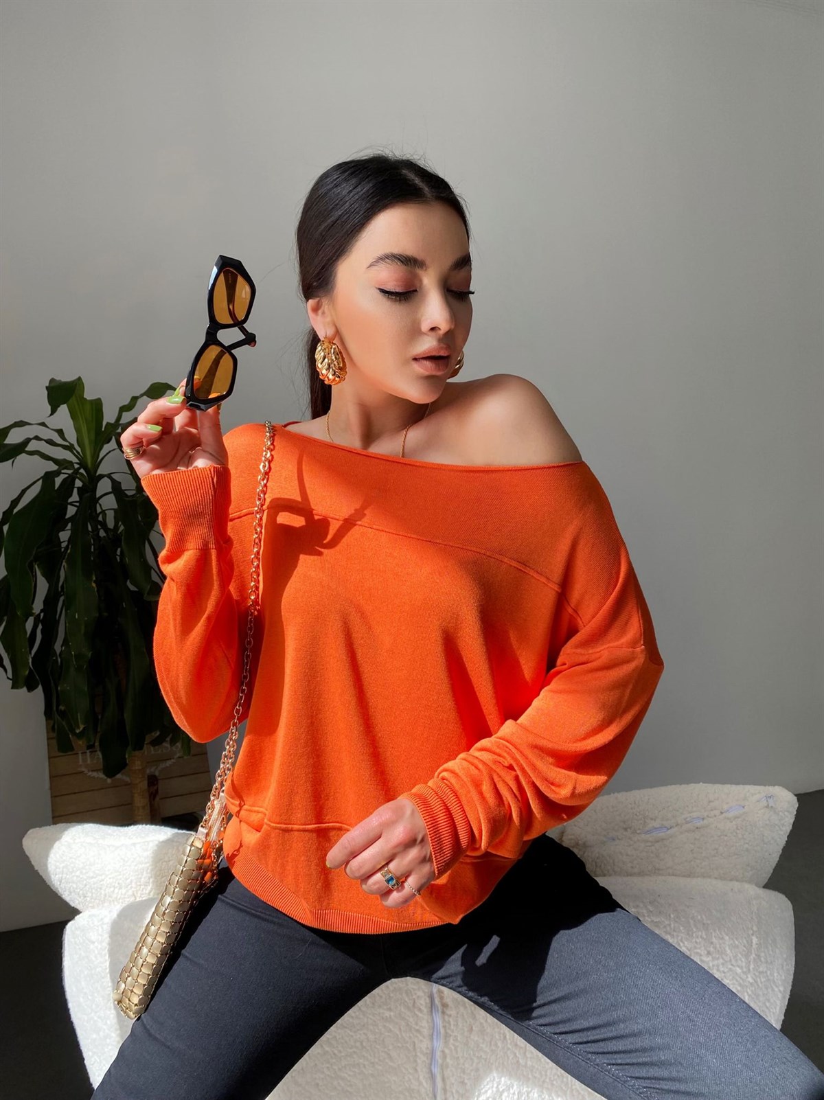 Düz Yaka Triko Kazak (Oranj)
