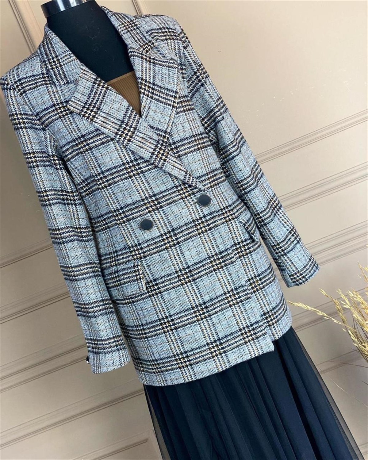 Ekose Desen Kaşe Kumaş Blazer Ceket