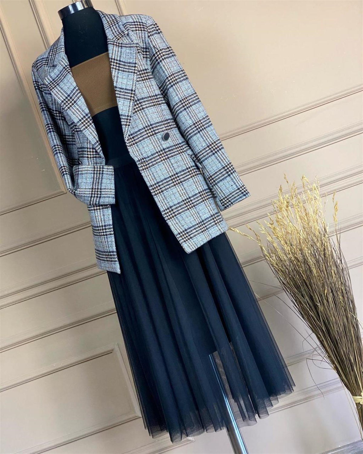 Ekose Desen Kaşe Kumaş Blazer Ceket