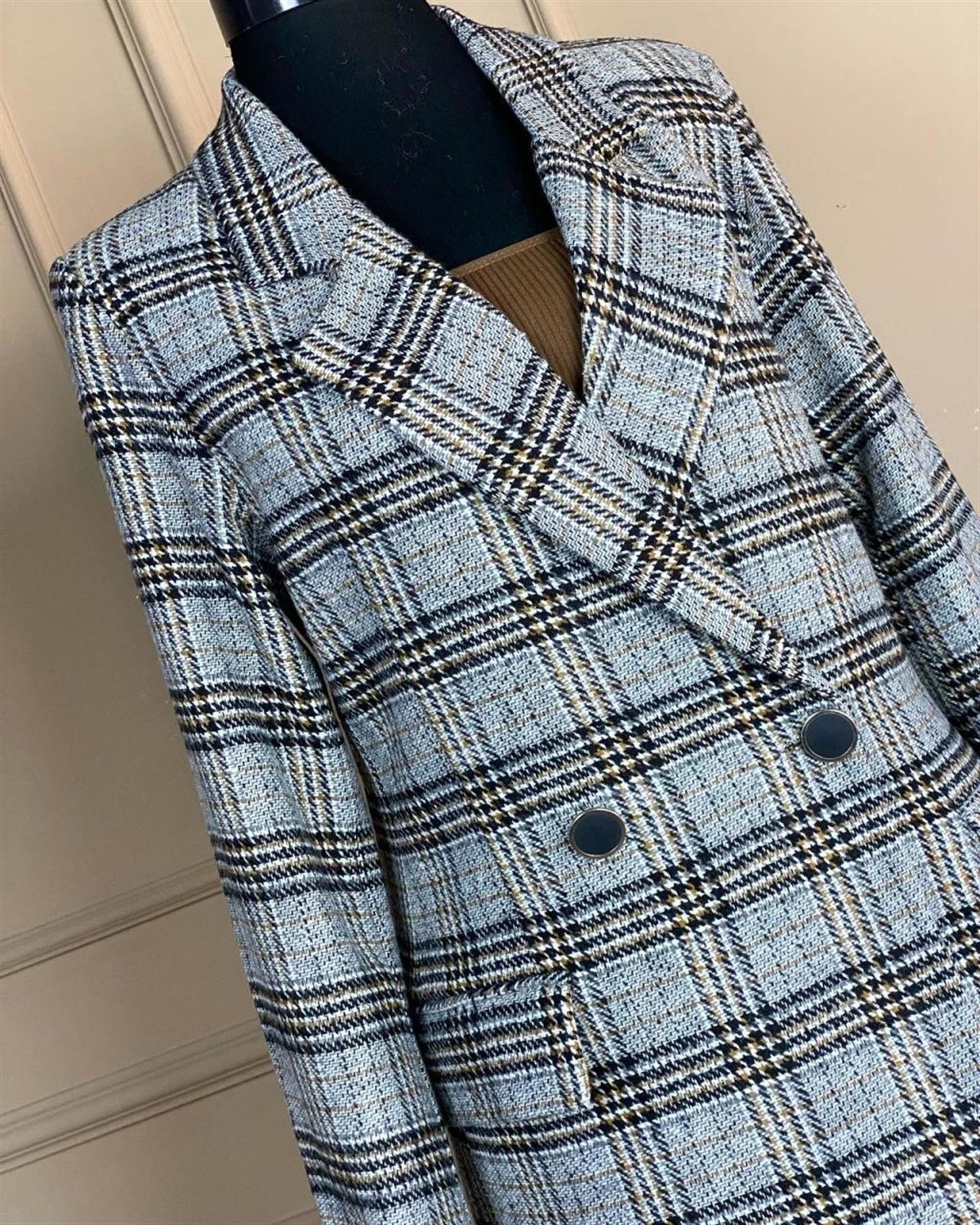 Ekose Desen Kaşe Kumaş Blazer Ceket