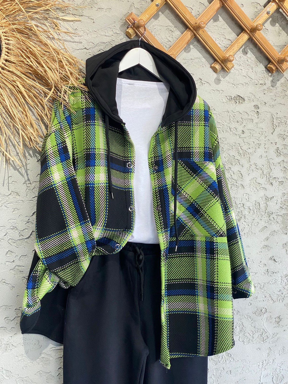 Ekose Desenli Kapşonlu Sweat Ceket (Yeşil)