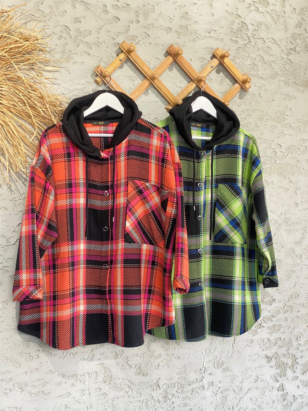 Ekose Desenli Kapşonlu Sweat Ceket (Yeşil)