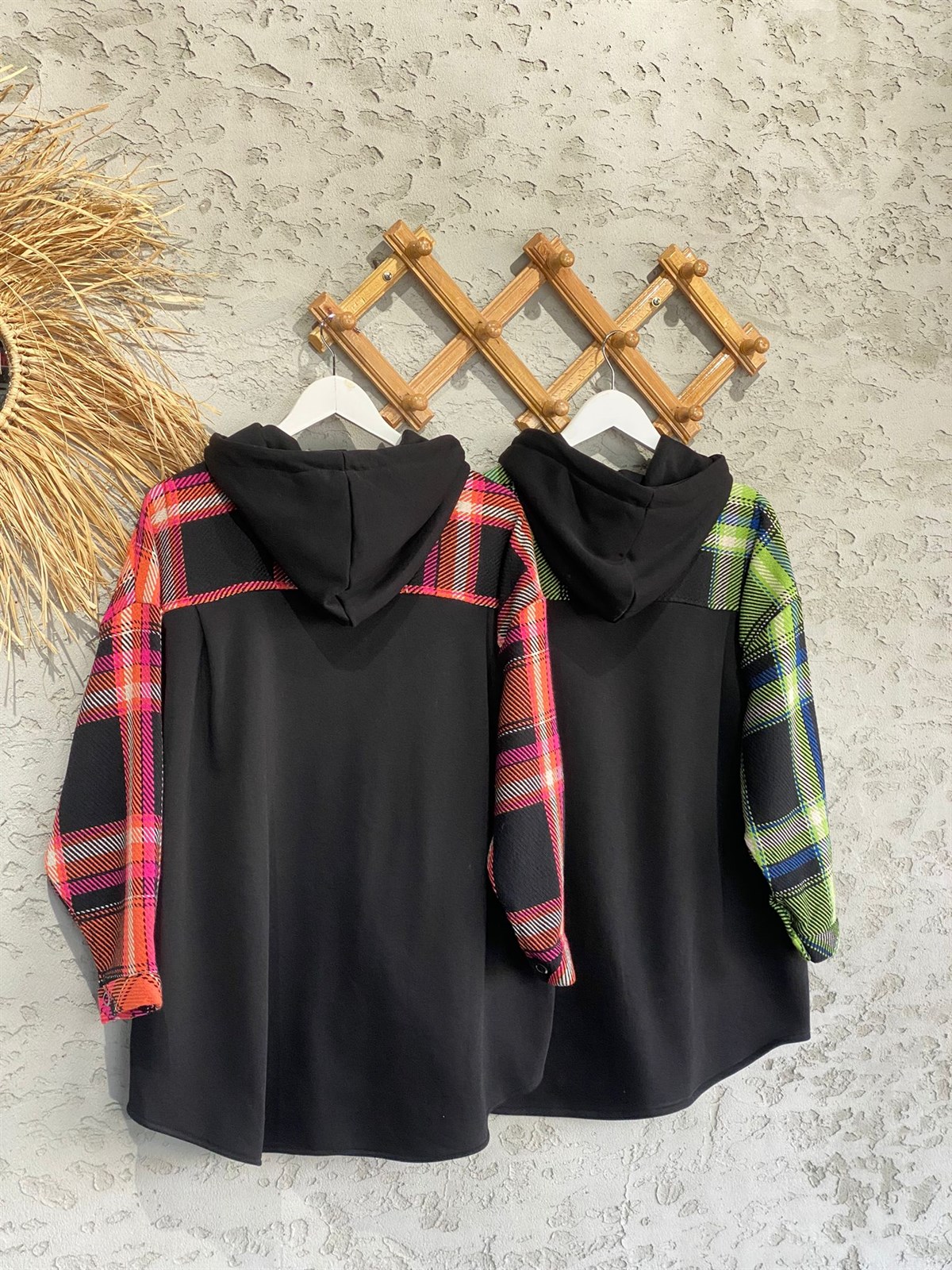 Ekose Desenli Kapşonlu Sweat Ceket (Yeşil)