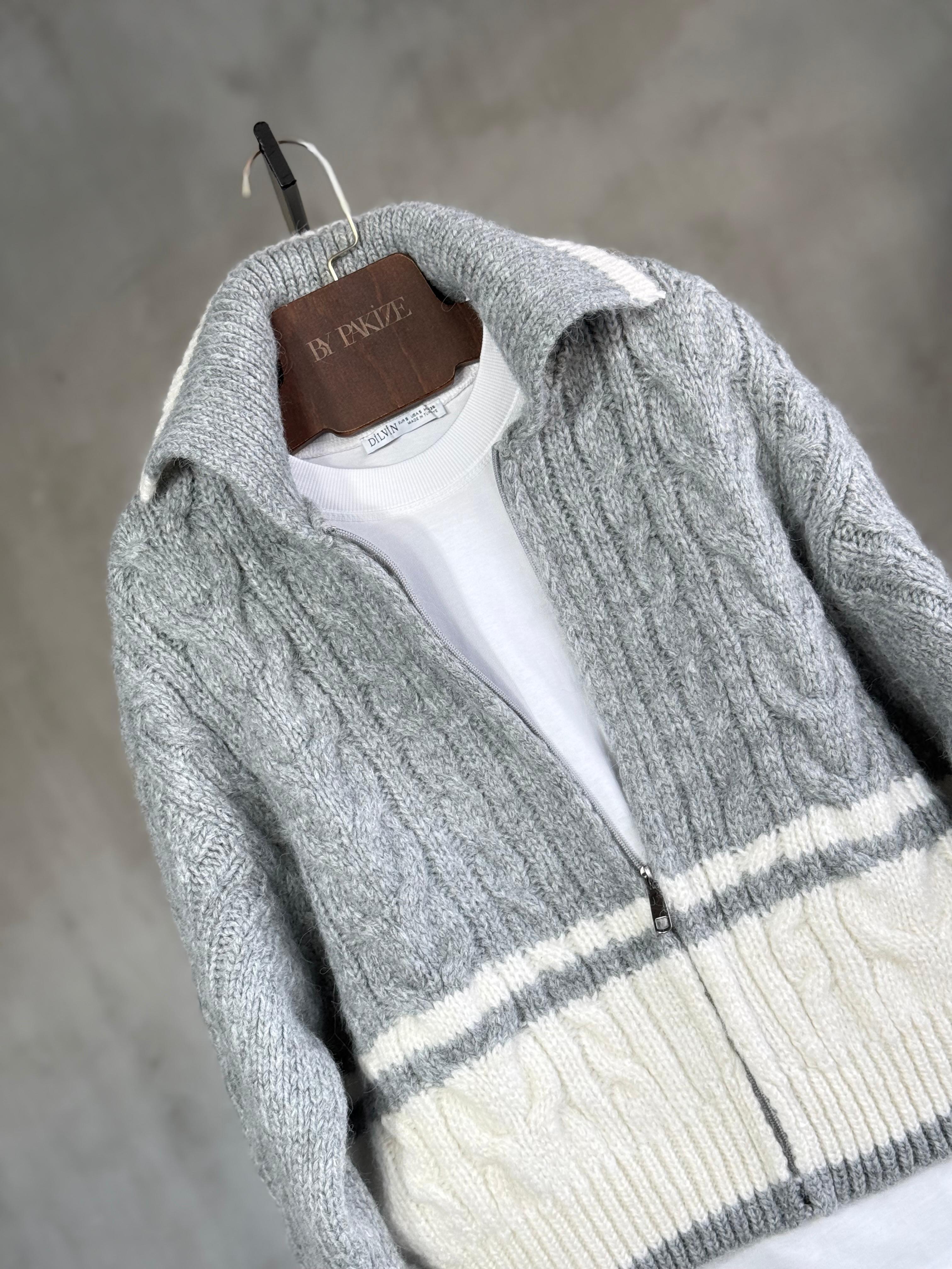 Fermuarlı Kontrast Örgü Triko Premıum Hırka (Gri)