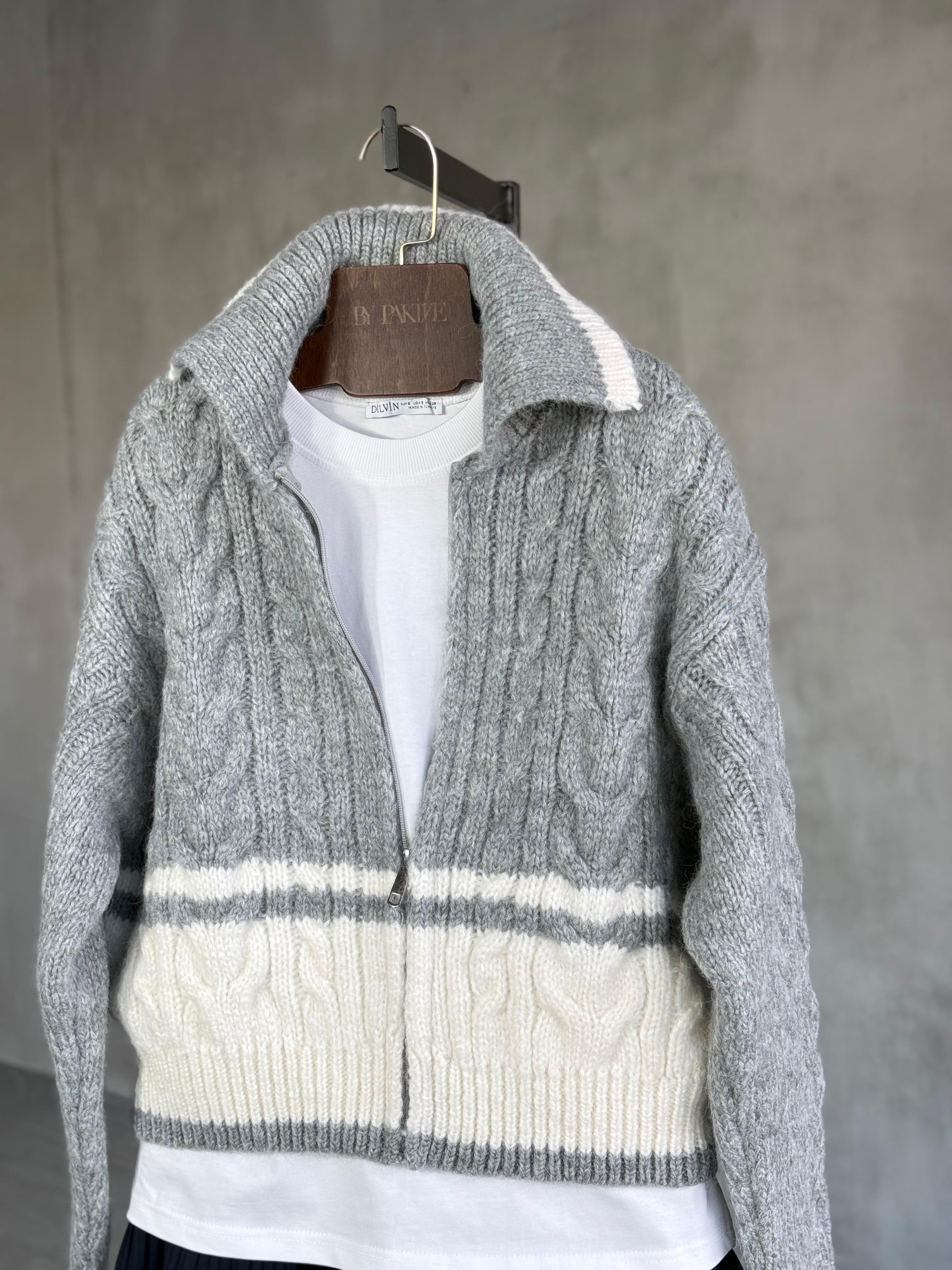 Fermuarlı Kontrast Örgü Triko Premıum Hırka (Gri)