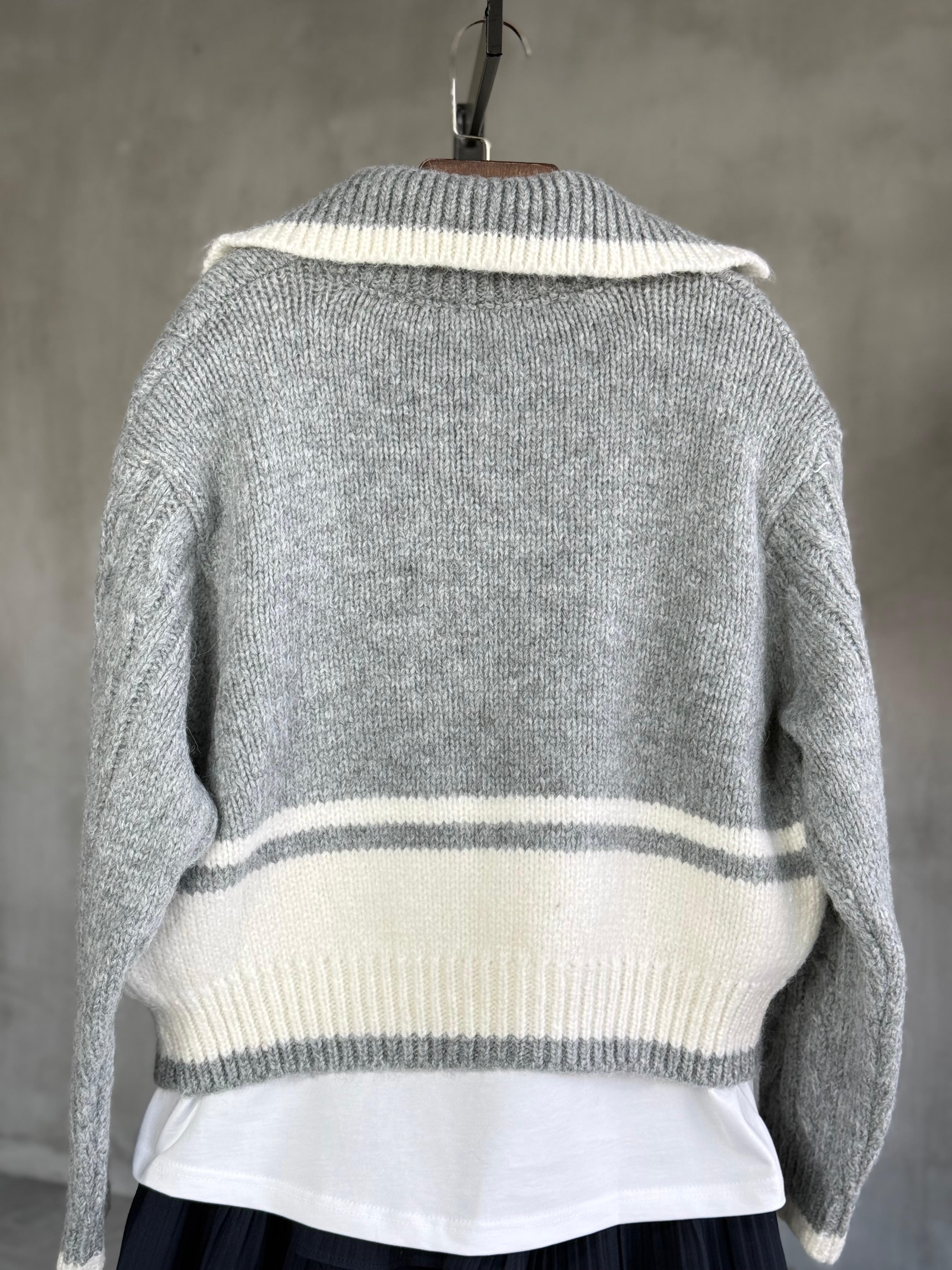 Fermuarlı Kontrast Örgü Triko Premıum Hırka (Gri)