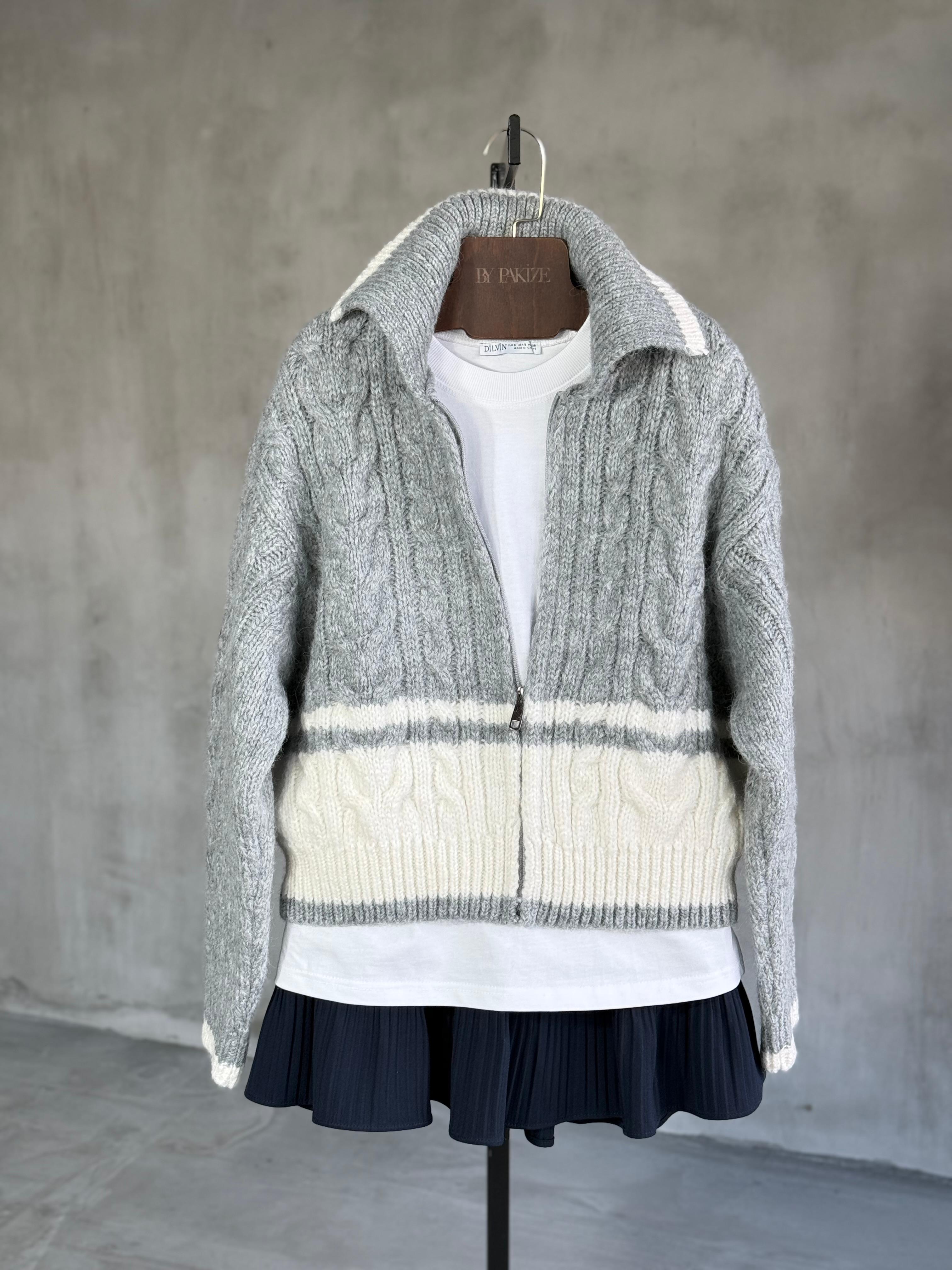 Fermuarlı Kontrast Örgü Triko Premıum Hırka (Gri)