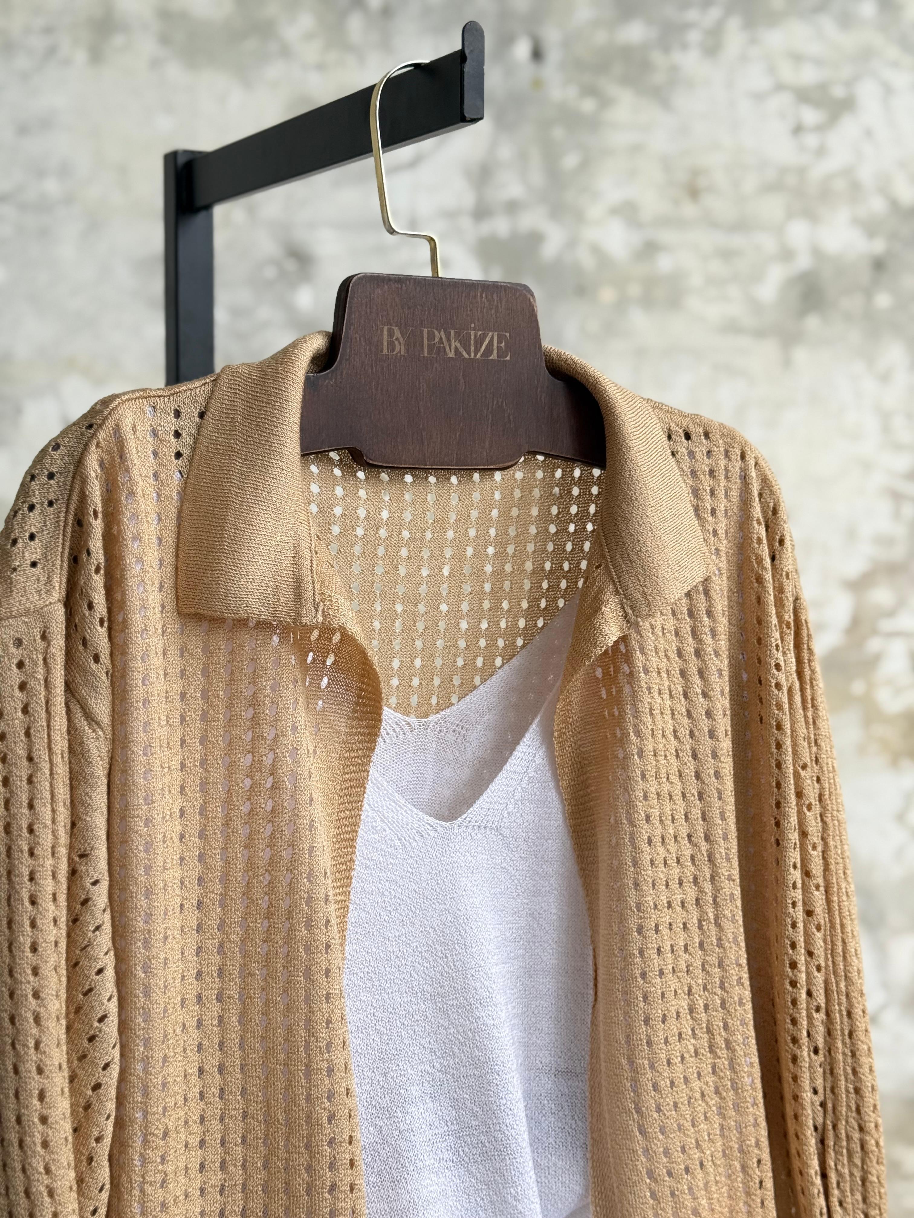 Fileli Oversize Merserize Hırka (Camel)