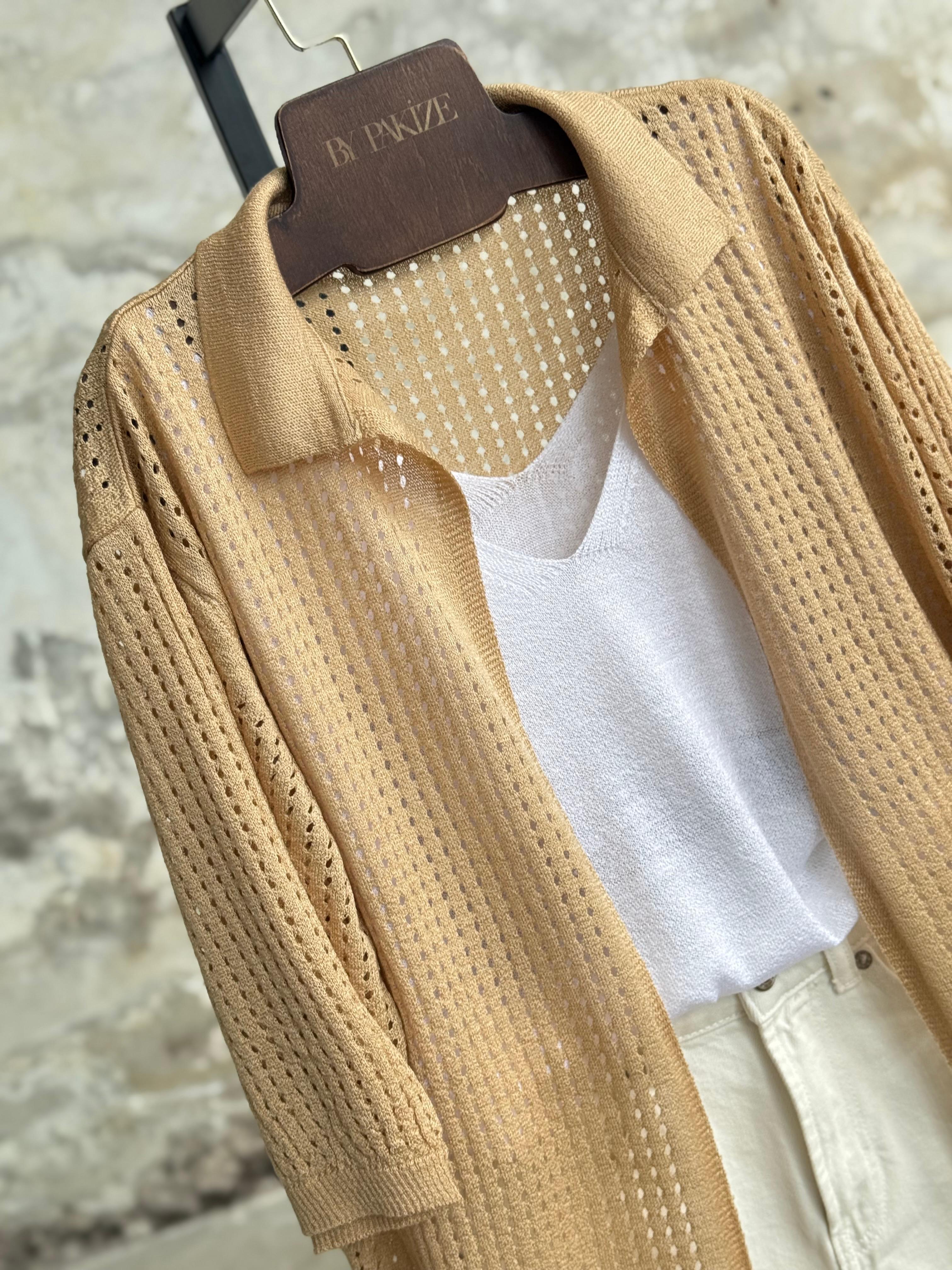 Fileli Oversize Merserize Hırka (Camel)