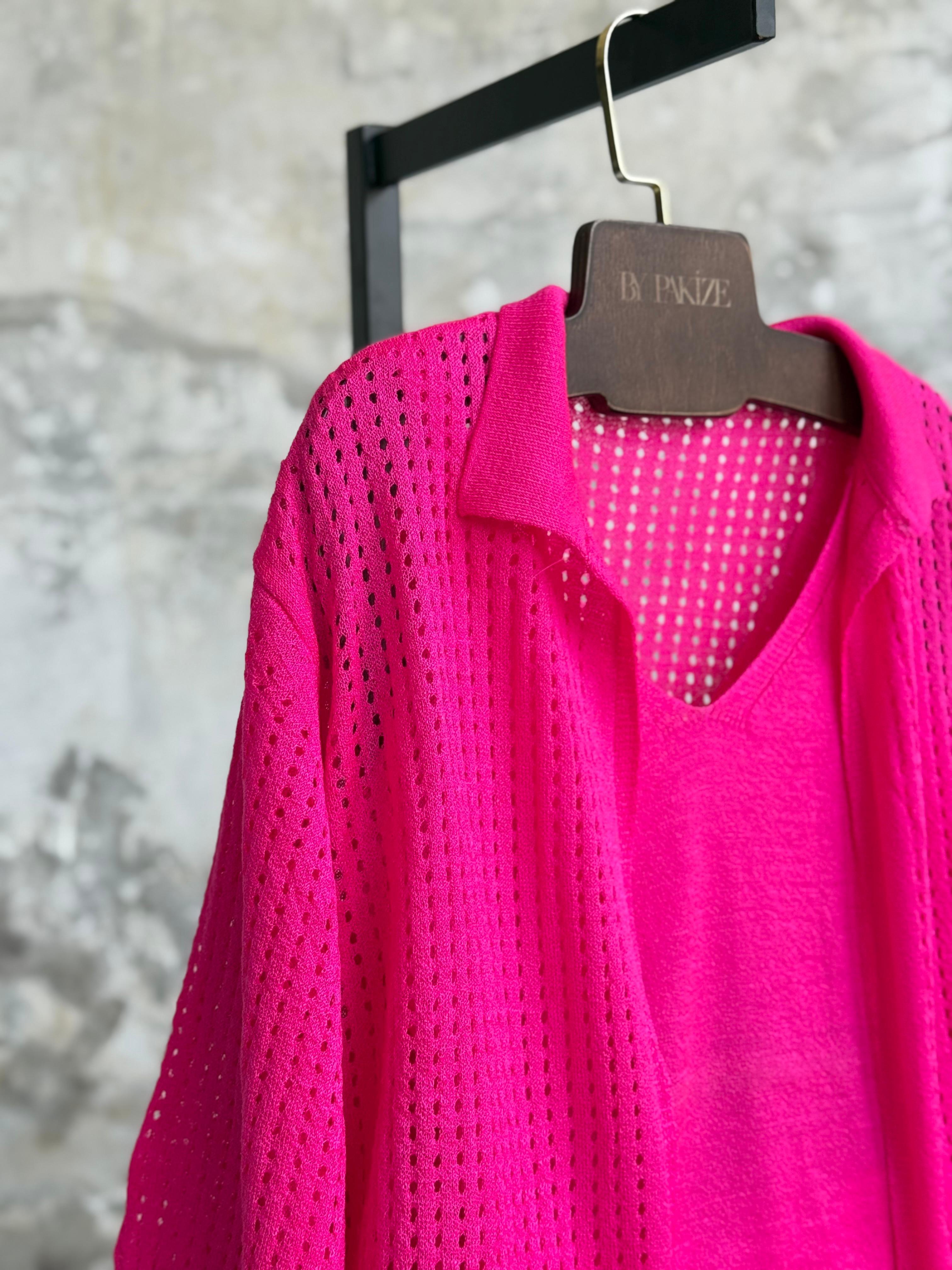 Fileli Oversize Merserize Hırka (Fuşya)