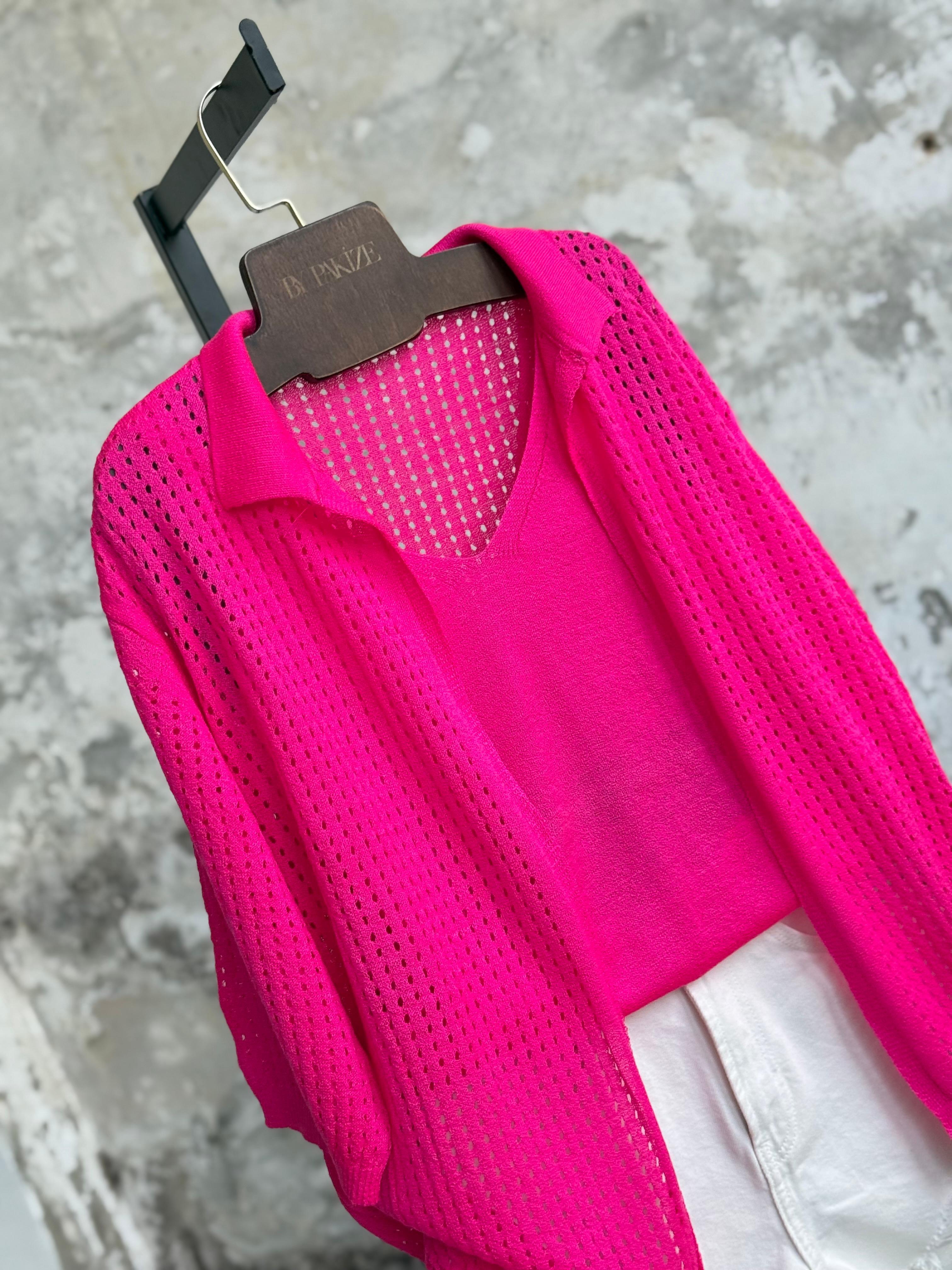 Fileli Oversize Merserize Hırka (Fuşya)