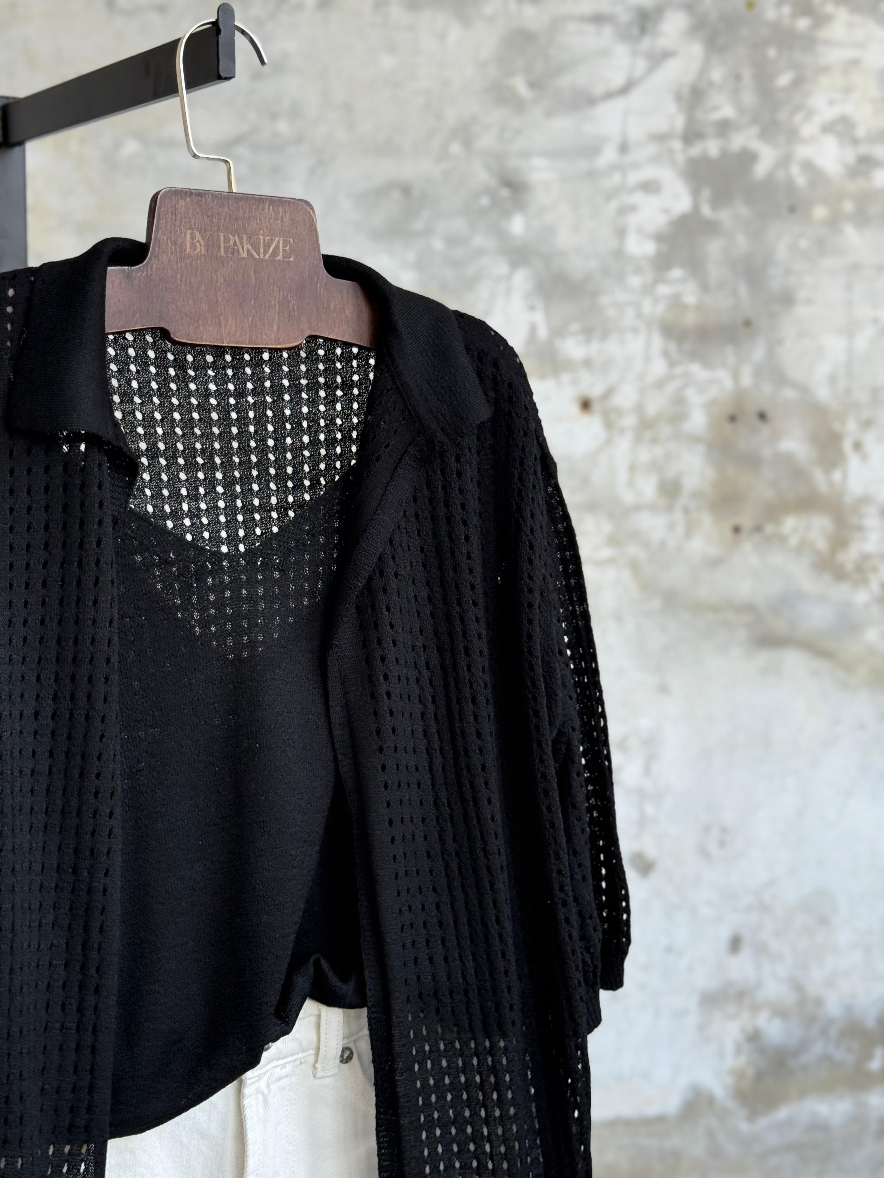 Fileli Oversize Merserize Hırka (Siyah)