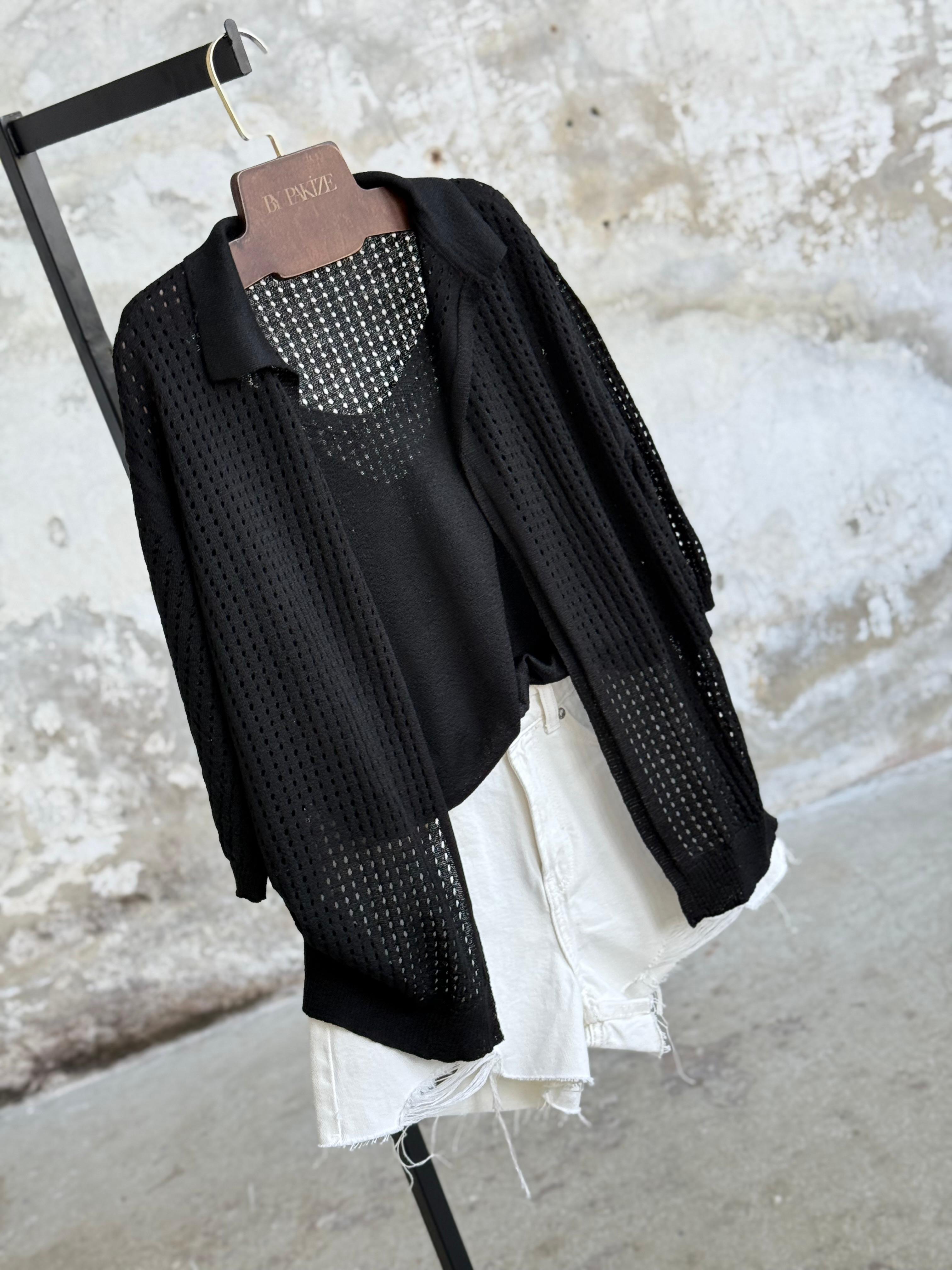 Fileli Oversize Merserize Hırka (Siyah)