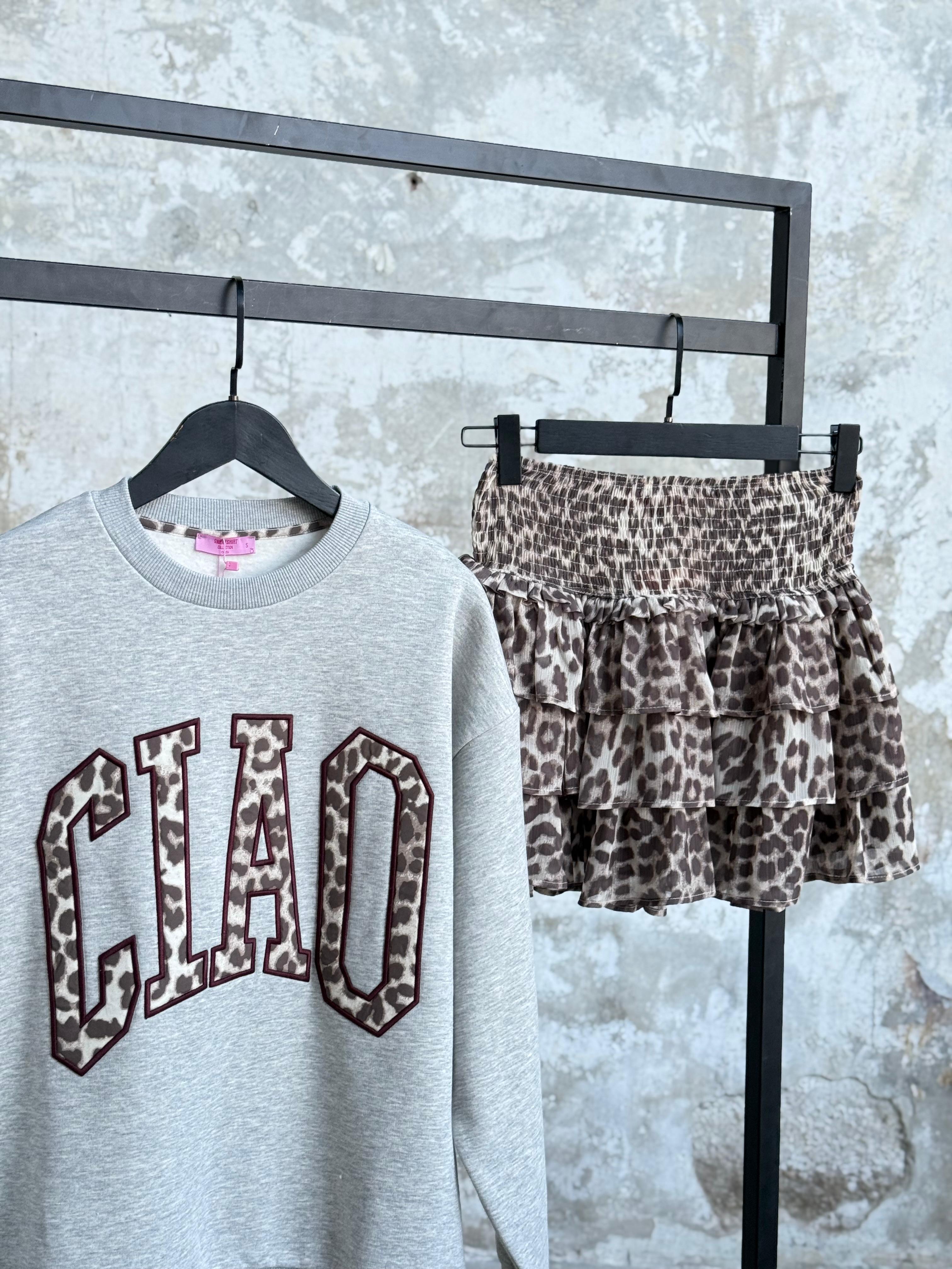 Fırfır Katlı Leopar Desenli Mini Etek (Bej)