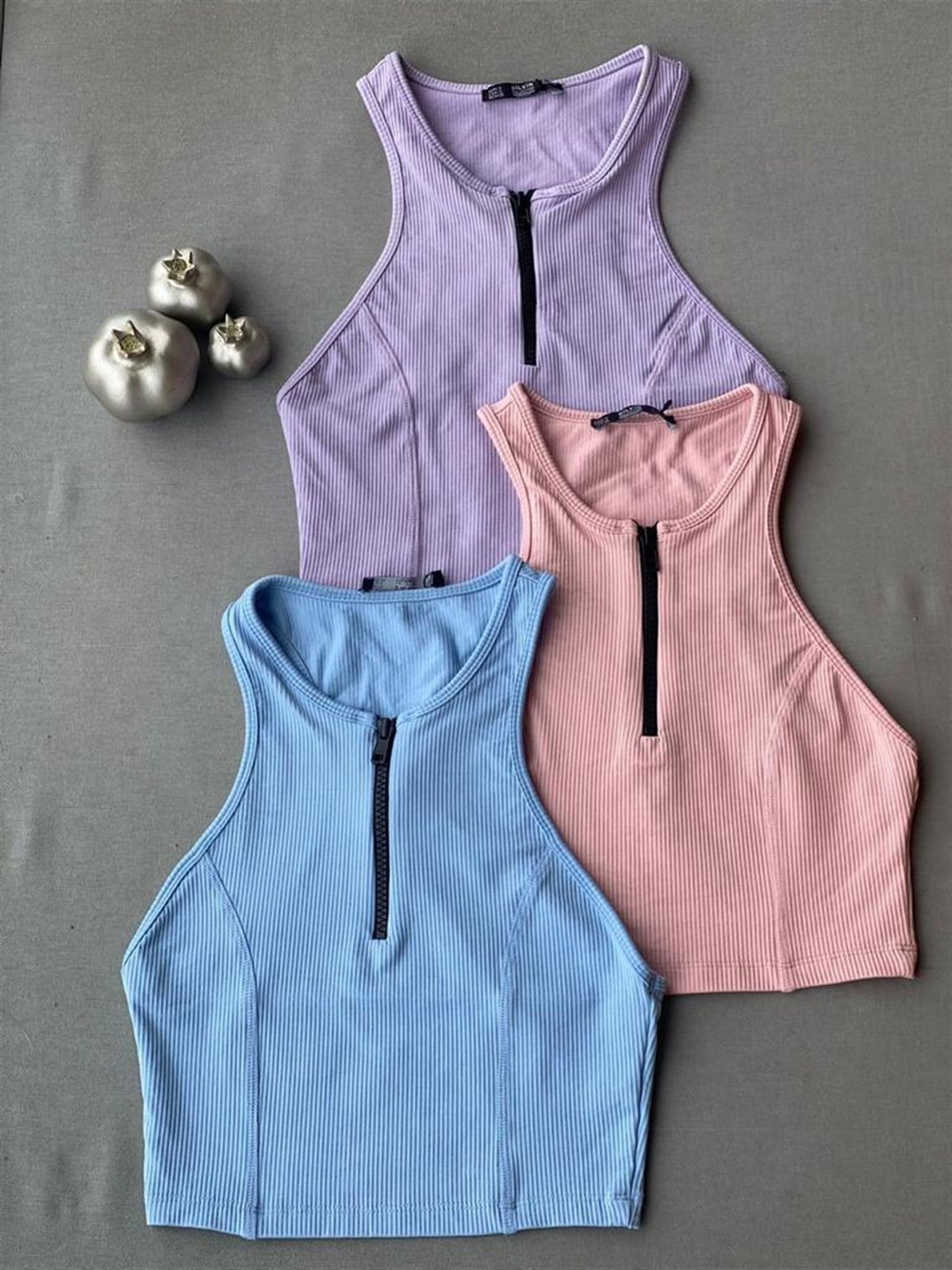 Fitilli Fermuar Detaylı Crop (Mavi & Pembe & Lila))