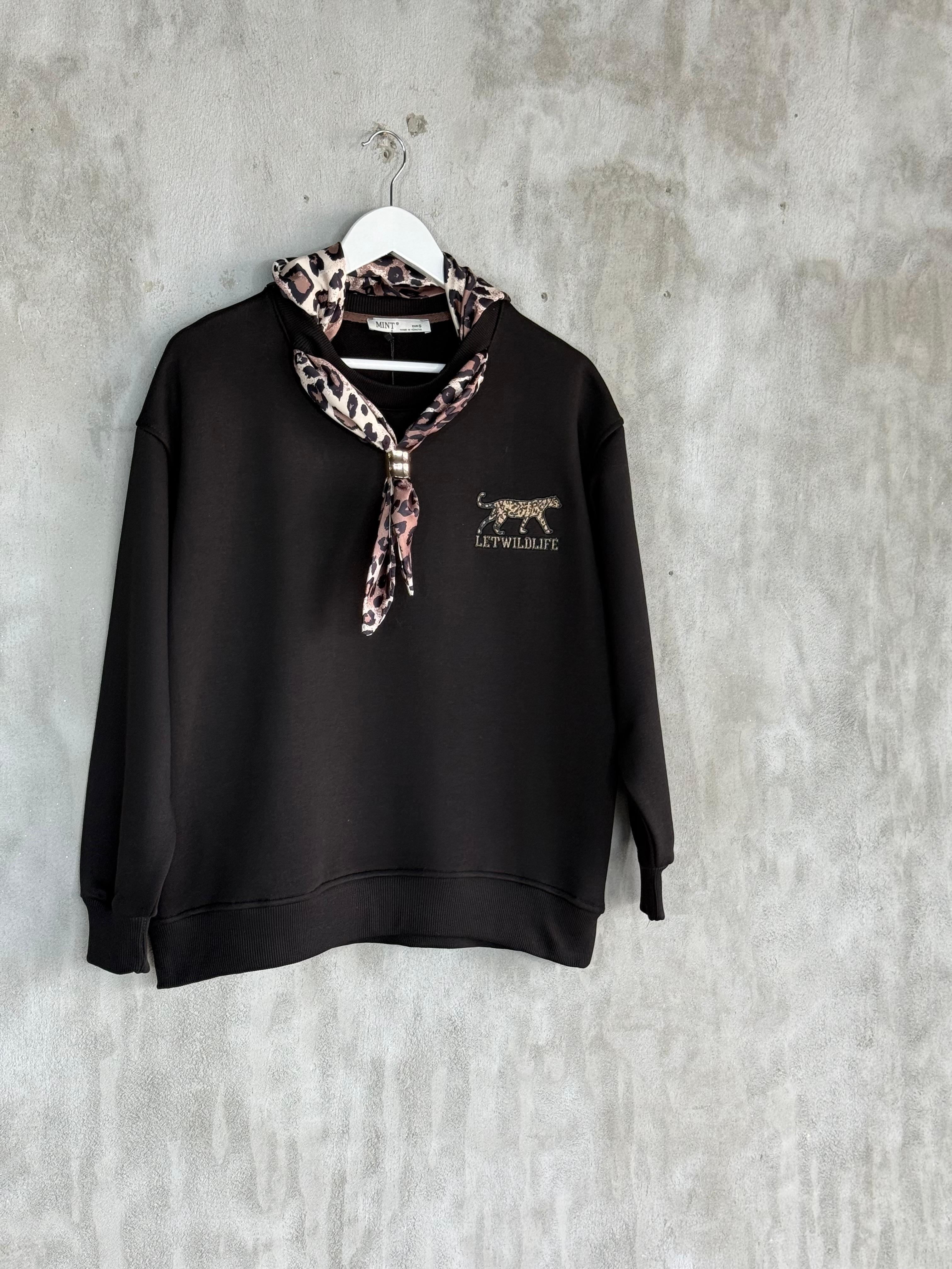 Fular Aksesuarlı Nakışlı Oversize Sweatshirt (Siyah)