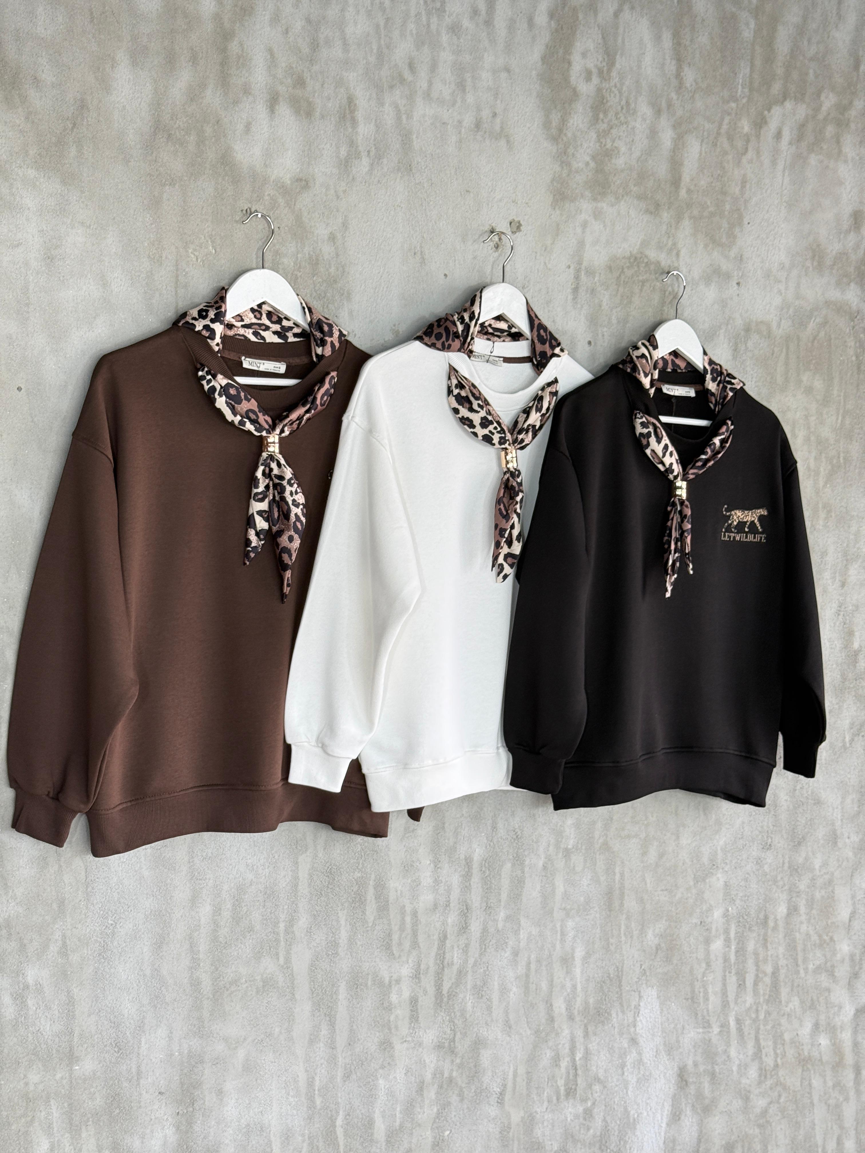 Fular Aksesuarlı Nakışlı Oversize Sweatshirt (Kahve)