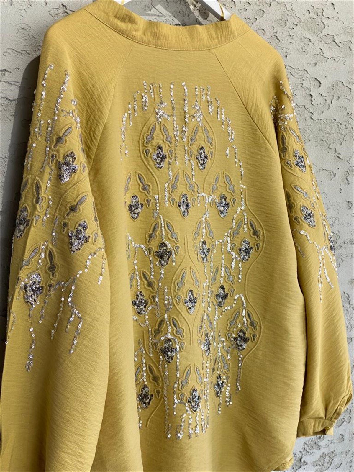 Full Payet İşlemeli Özel Tasarım Kimono (Hardal Sarı)