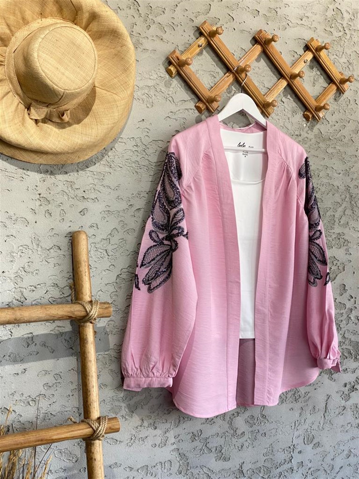 Full Payet İşlemeli Özel Tasarım Kimono (Pembe)